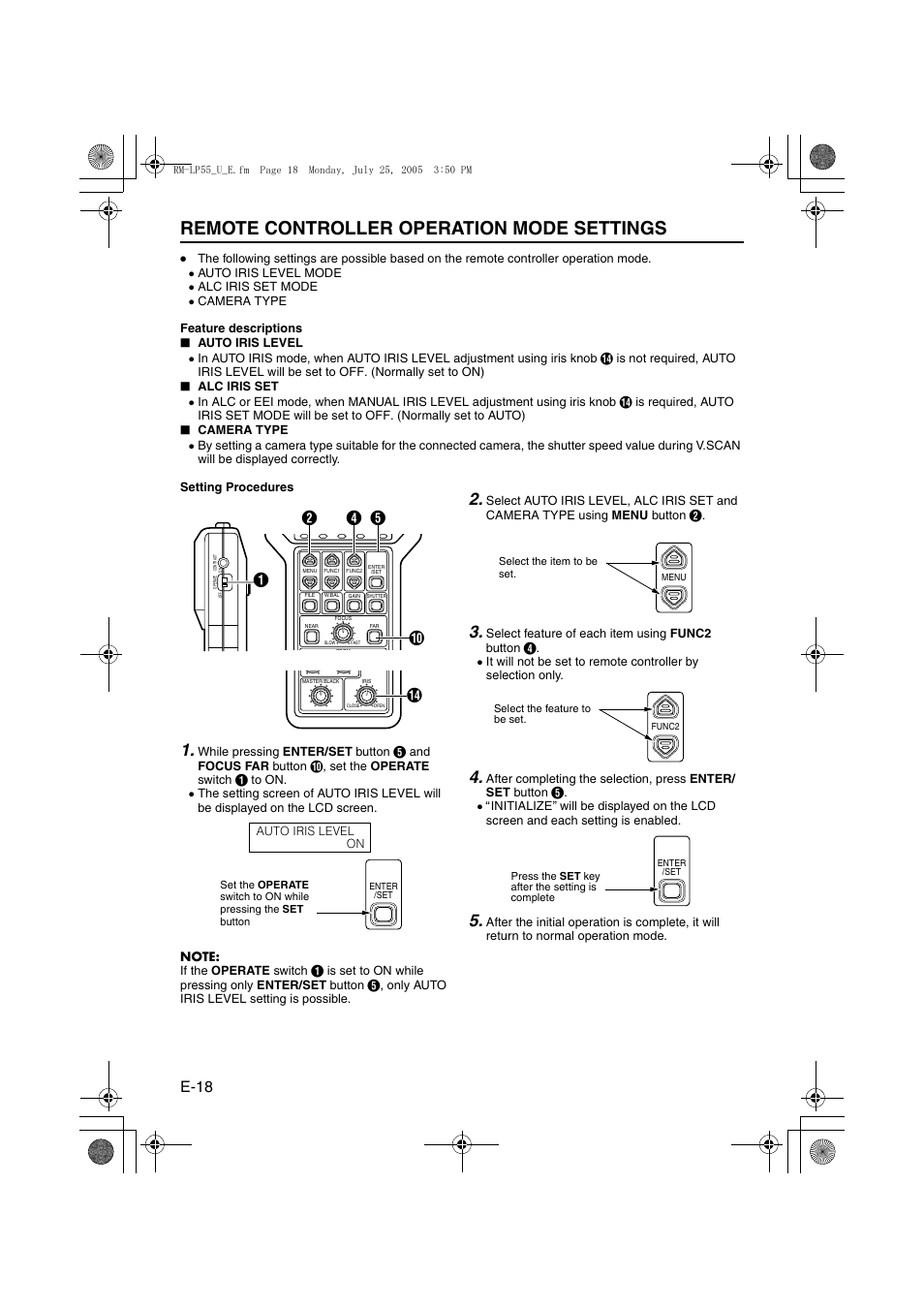 Remote controller operation mode settings, A pg. 18, Aremote | Controller operation mode settings, Aremote controller, Operation mode settings, Aremote controller operation, Mode settings, B (a pg. 18)), E-18 | JVC RK-LP55U User Manual | Page 18 / 62
