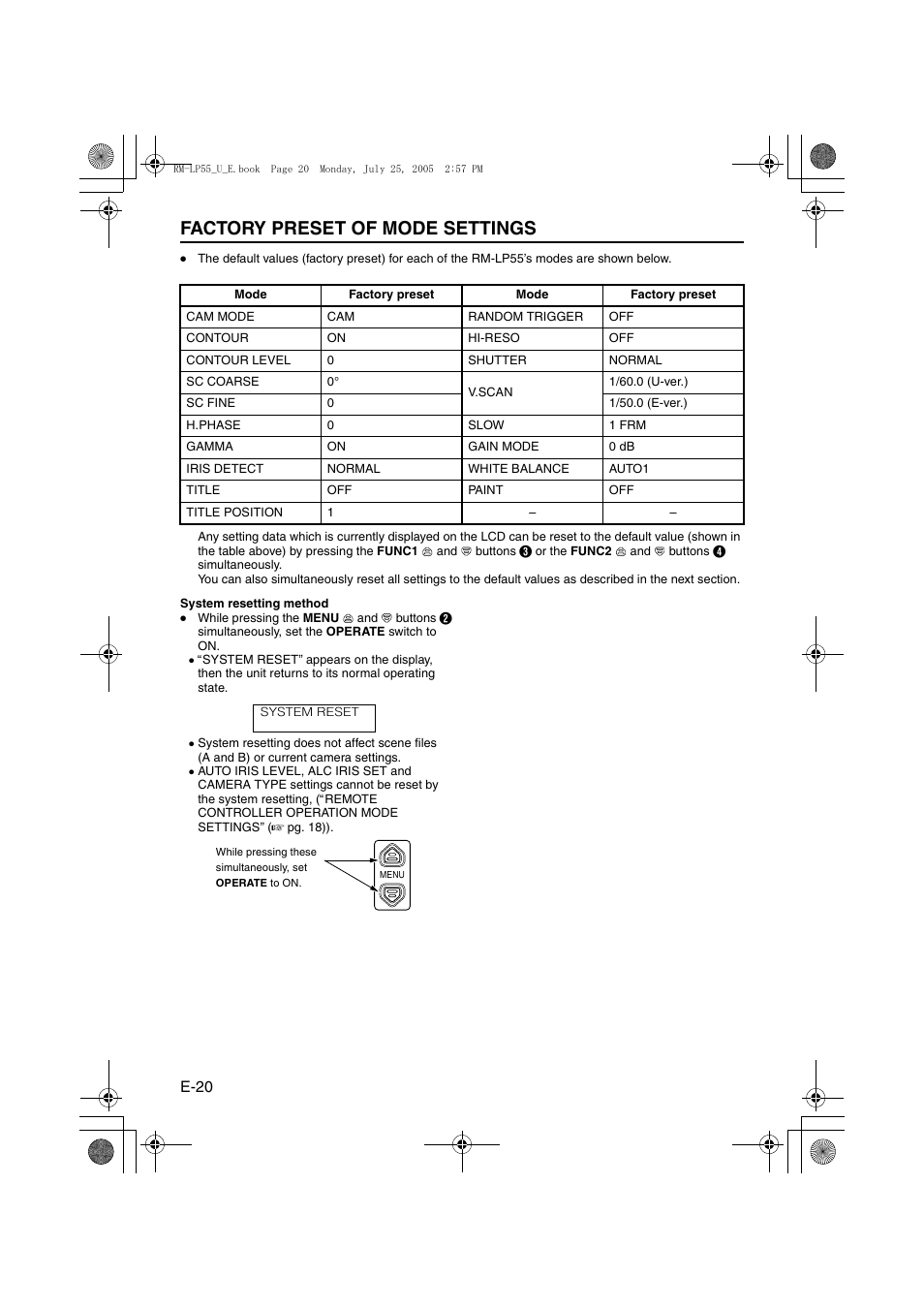 Factory preset of mode settings, System resetting method | JVC RK-LP55U User Manual | Page 20 / 62