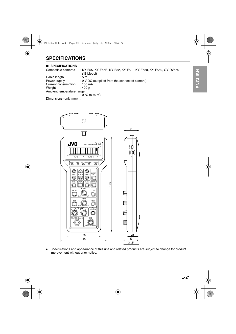 Specifications, Aspecificationsb (a pg. 21), It aliano esp añol français deutsch english | E-21 | JVC RK-LP55U User Manual | Page 21 / 62