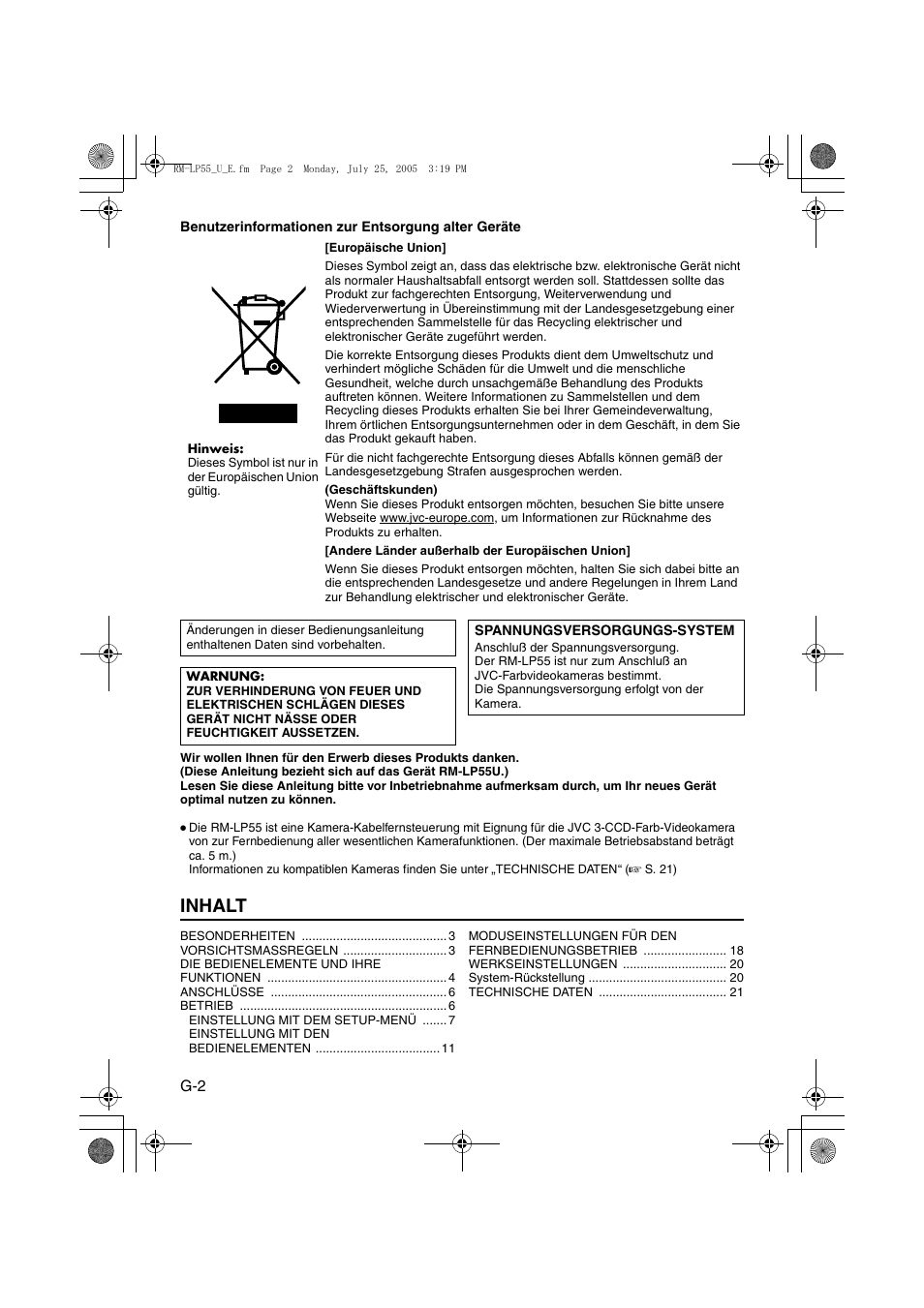 Deutsch, Inhalt | JVC RK-LP55U User Manual | Page 22 / 62
