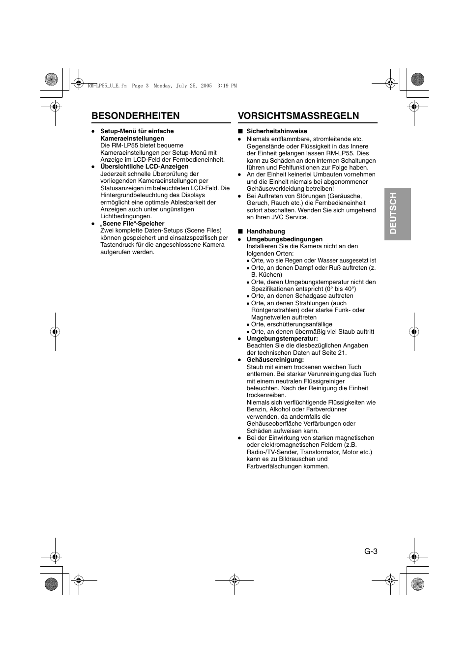 Besonderheiten, Vorsichtsmassregeln, Besonderheiten vorsichtsmassregeln | It aliano esp añol français deutsch english | JVC RK-LP55U User Manual | Page 23 / 62