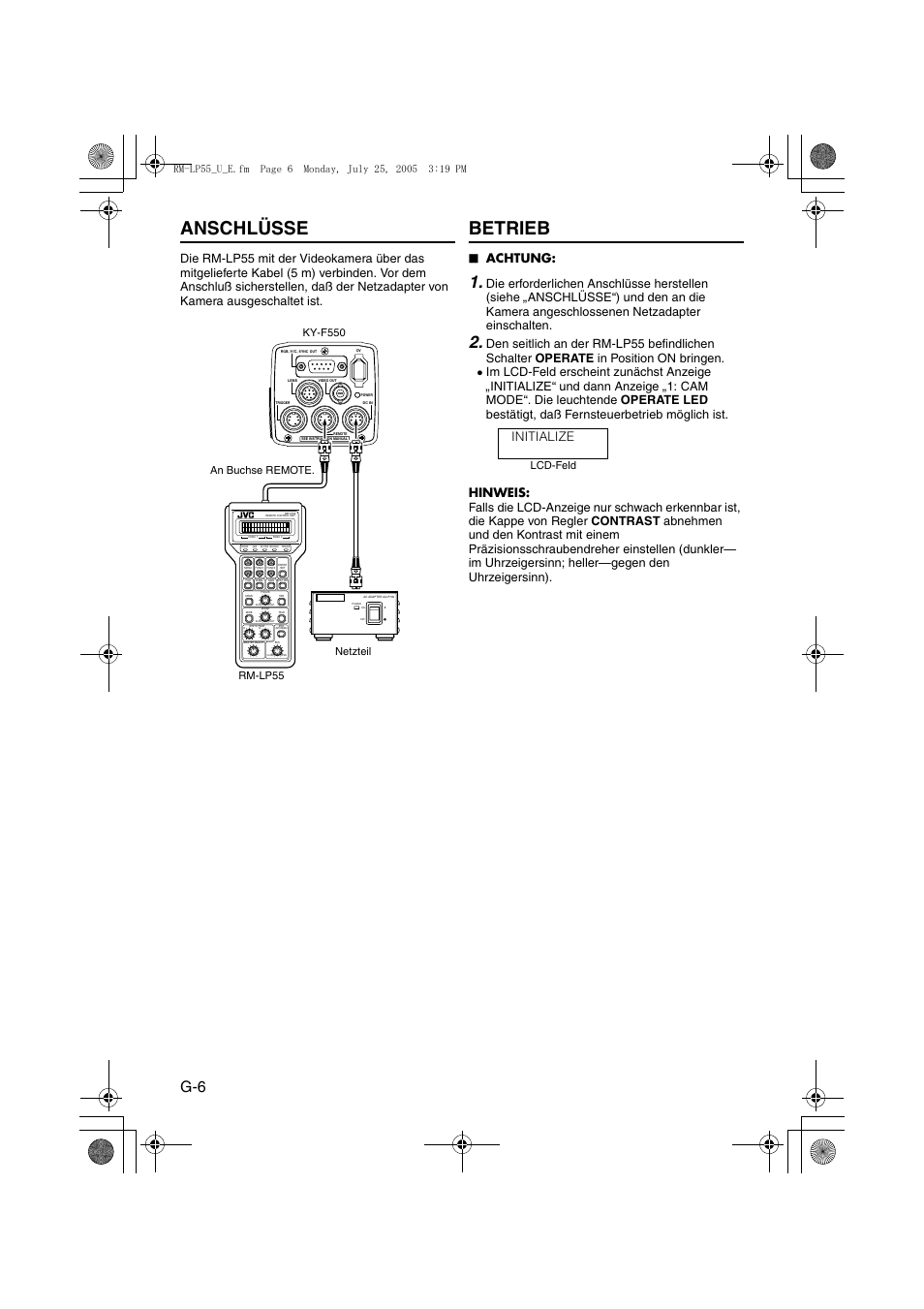 Anschlusse, Betrieb, Anschlüsse betrieb | Anschlüsse, Initialize, O achtung | JVC RK-LP55U User Manual | Page 26 / 62