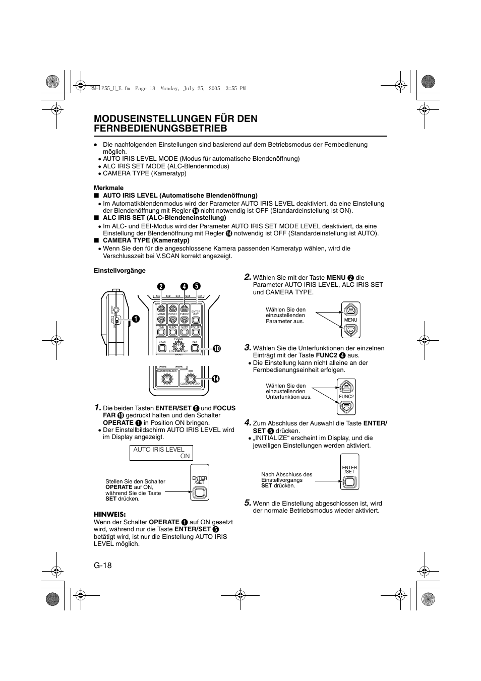 Moduseinstellungen fur den fernbedienungsbetrieb, Moduseinstellungen für den fernbedienungsbetrieb, A s. 18 | Cmoduseinstellungen für den, Fernbedienungsbetrieb, D (a s. 18)), G-18, Ed a, Jb n | JVC RK-LP55U User Manual | Page 38 / 62