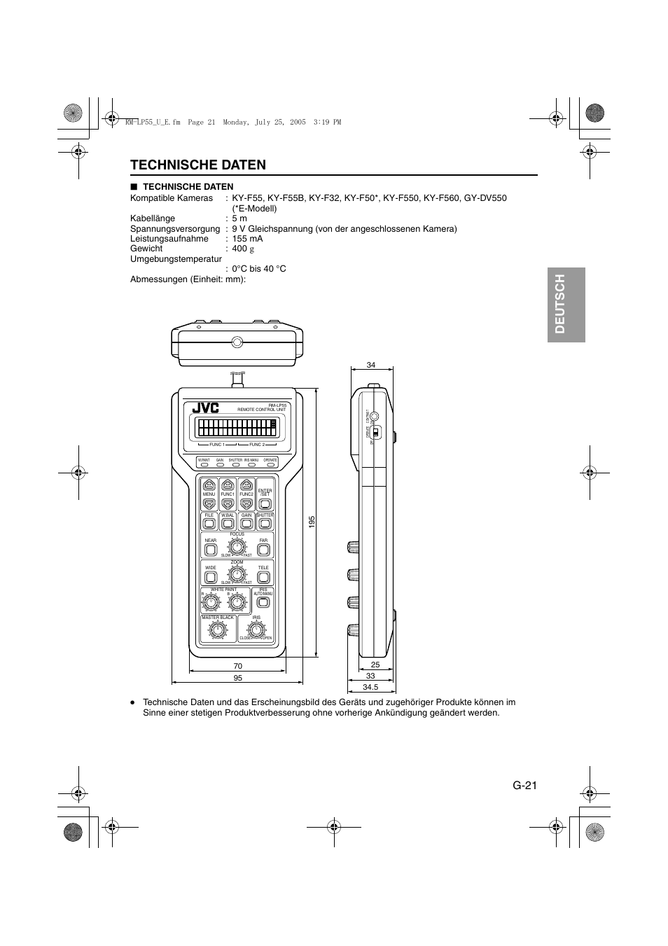 Technische daten, Ctechnische datend (a s. 21), It aliano esp añol français deutsch english | G-21 | JVC RK-LP55U User Manual | Page 41 / 62