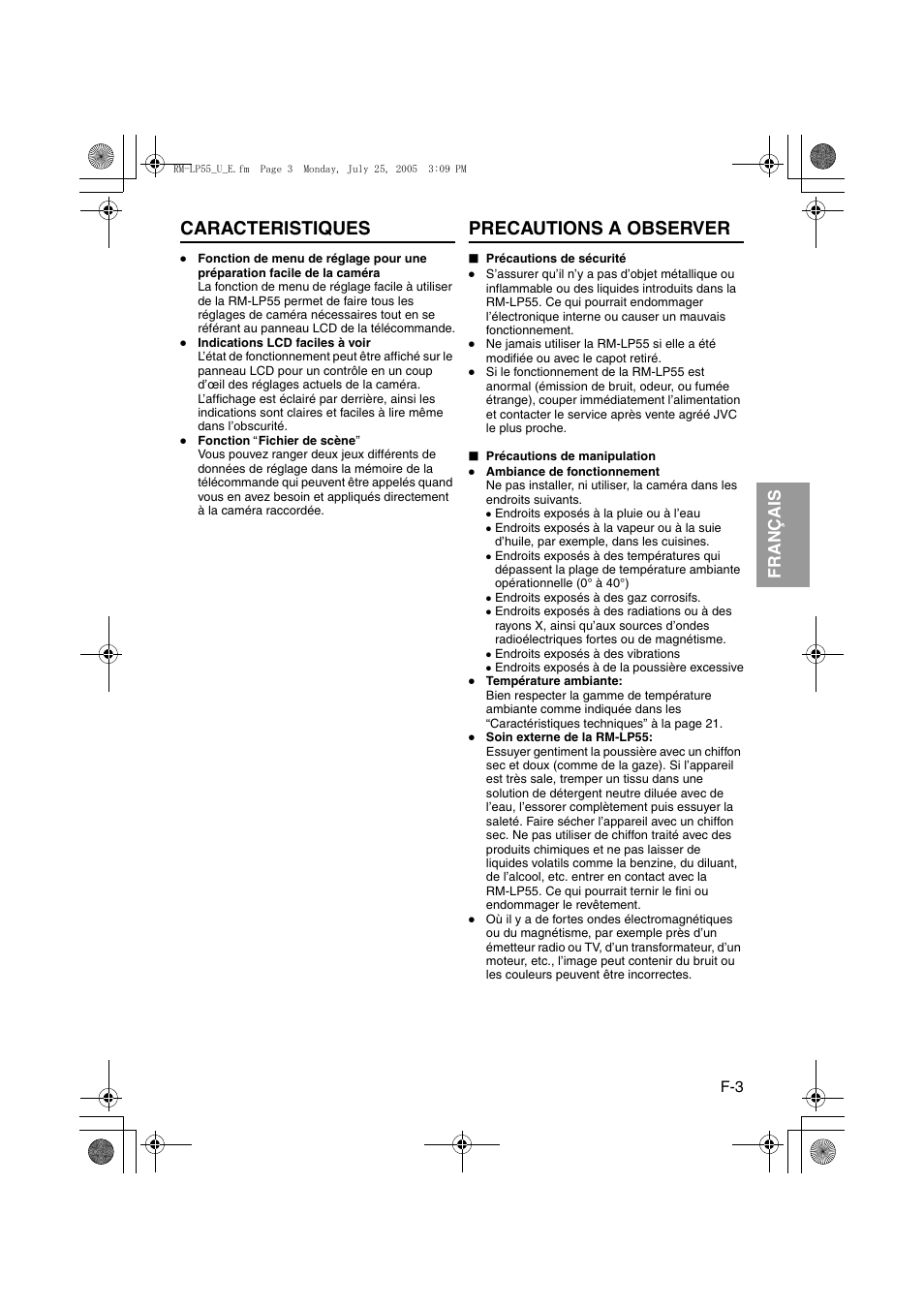 Caracteristiques, Precautions a observer, Caracteristiques precautions a observer | It aliano esp añol français deutsch english | JVC RK-LP55U User Manual | Page 43 / 62