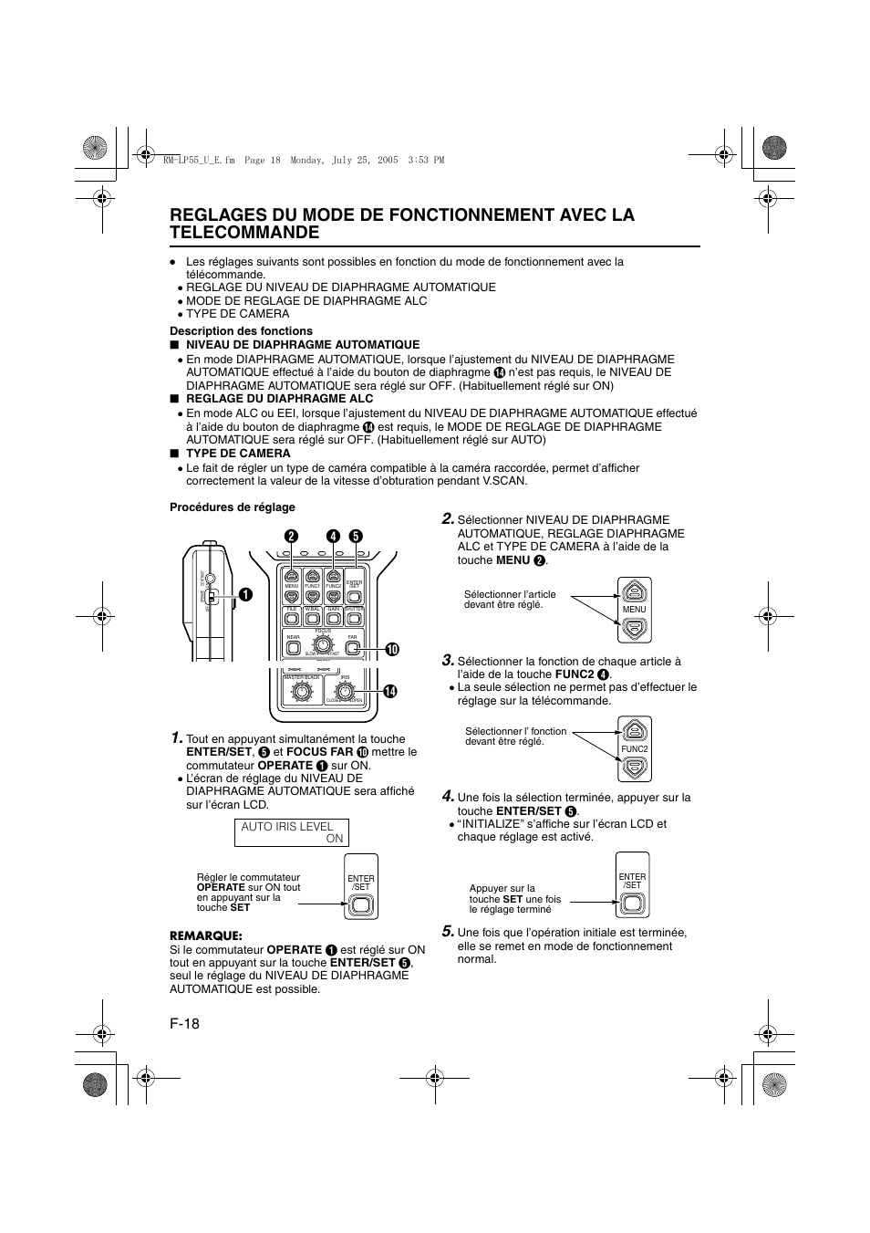 A p. 18, Areglages du, Mode de fonctionnement avec la telecommande | Areglages du mode de fonctionnement, Avec la telecommande, B (a p. 18), F-18, Ed a, Jb n | JVC RK-LP55U User Manual | Page 58 / 62