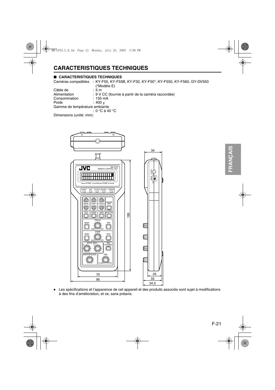 Caracteristiques techniques, Acaracteristiques techniquesb (a p. 21), It aliano esp añol français deutsch english | F-21 | JVC RK-LP55U User Manual | Page 61 / 62