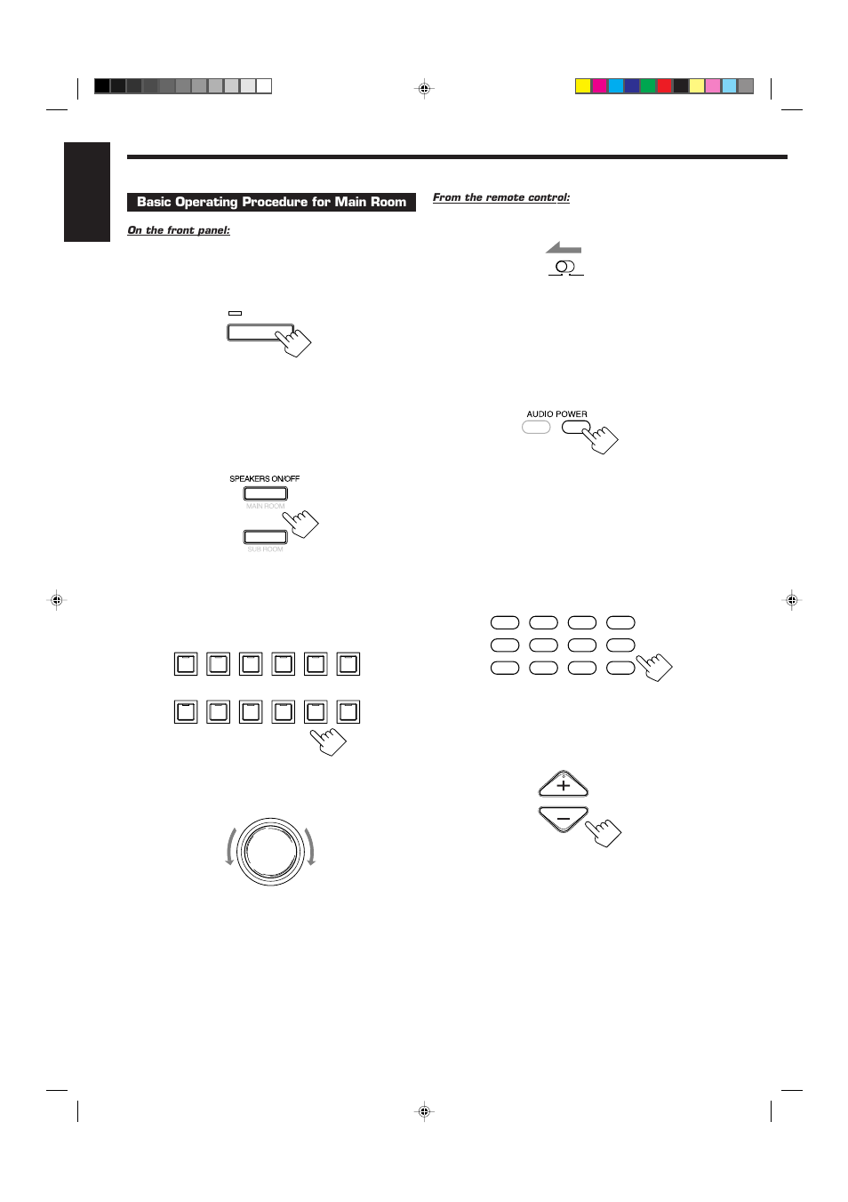 English, Basic operating procedure for main room, Press power | Set main room/sub room selector to “main room, Press audio power on | JVC RX-9010VBK User Manual | Page 18 / 78