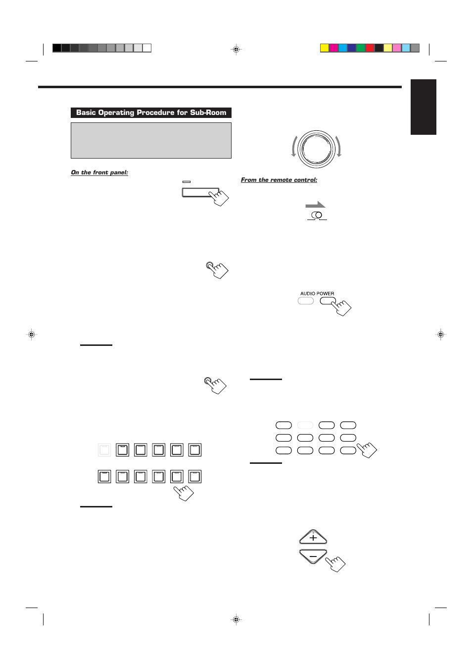 English, Basic operating procedure for sub-room, Press power | Select and play a source, Set main room/sub room selector to “sub room, Press audio power on | JVC RX-9010VBK User Manual | Page 19 / 78