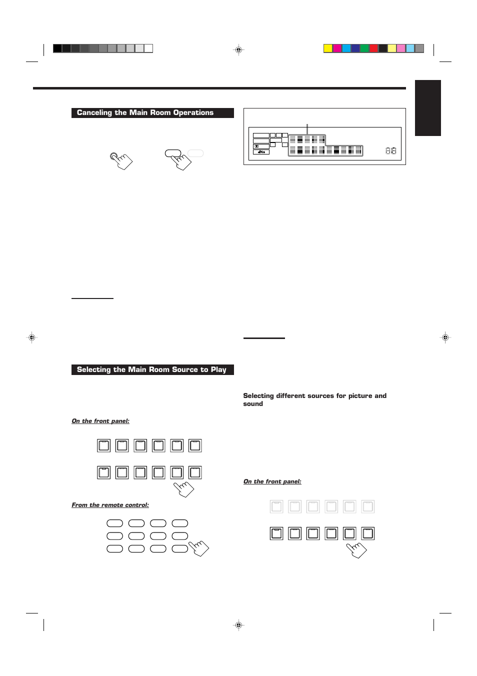 English, Canceling the main room operations, Selecting the main room source to play | Selecting different sources for picture and sound, On the front panel: from the remote control, On the front panel | JVC RX-9010VBK User Manual | Page 21 / 78