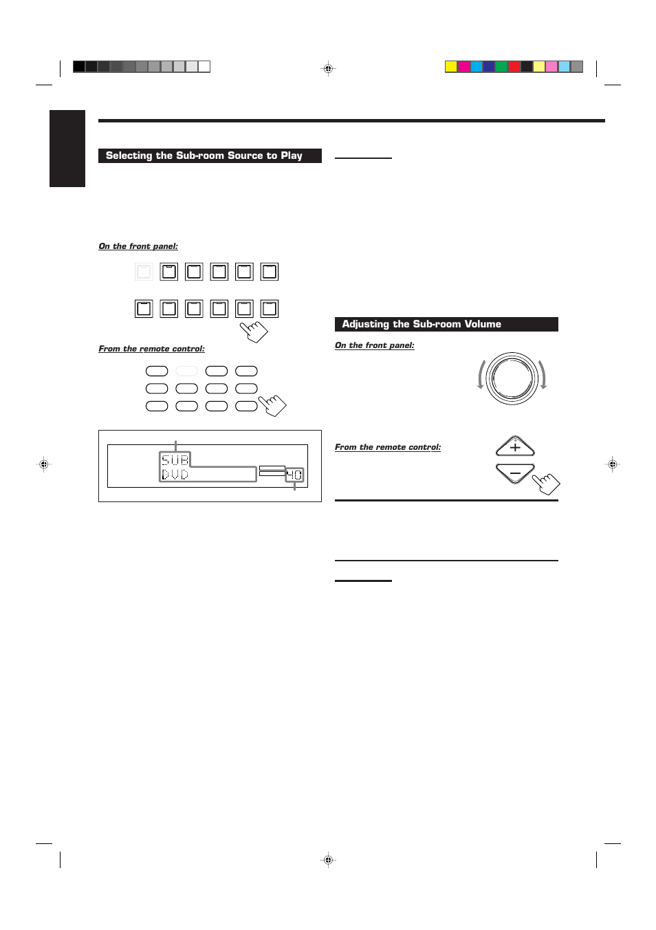 English, Selecting the sub-room source to play, Adjusting the sub-room volume | On the front panel: from the remote control, On the front panel | JVC RX-9010VBK User Manual | Page 28 / 78