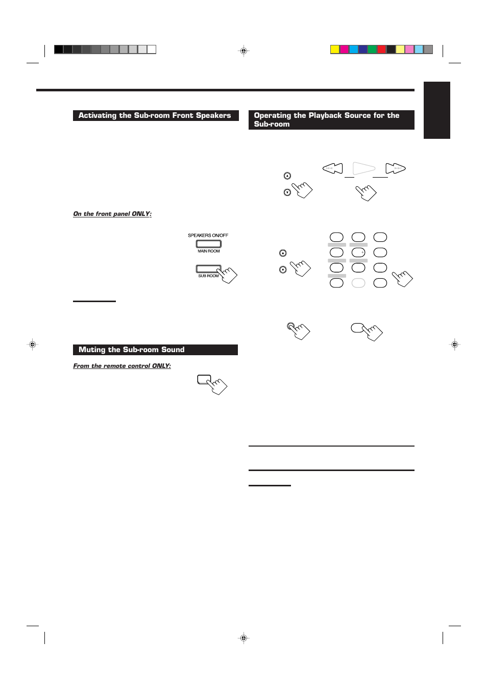 English, Muting the sub-room sound, Activating the sub-room front speakers | Operating the playback source for the sub-room | JVC RX-9010VBK User Manual | Page 29 / 78