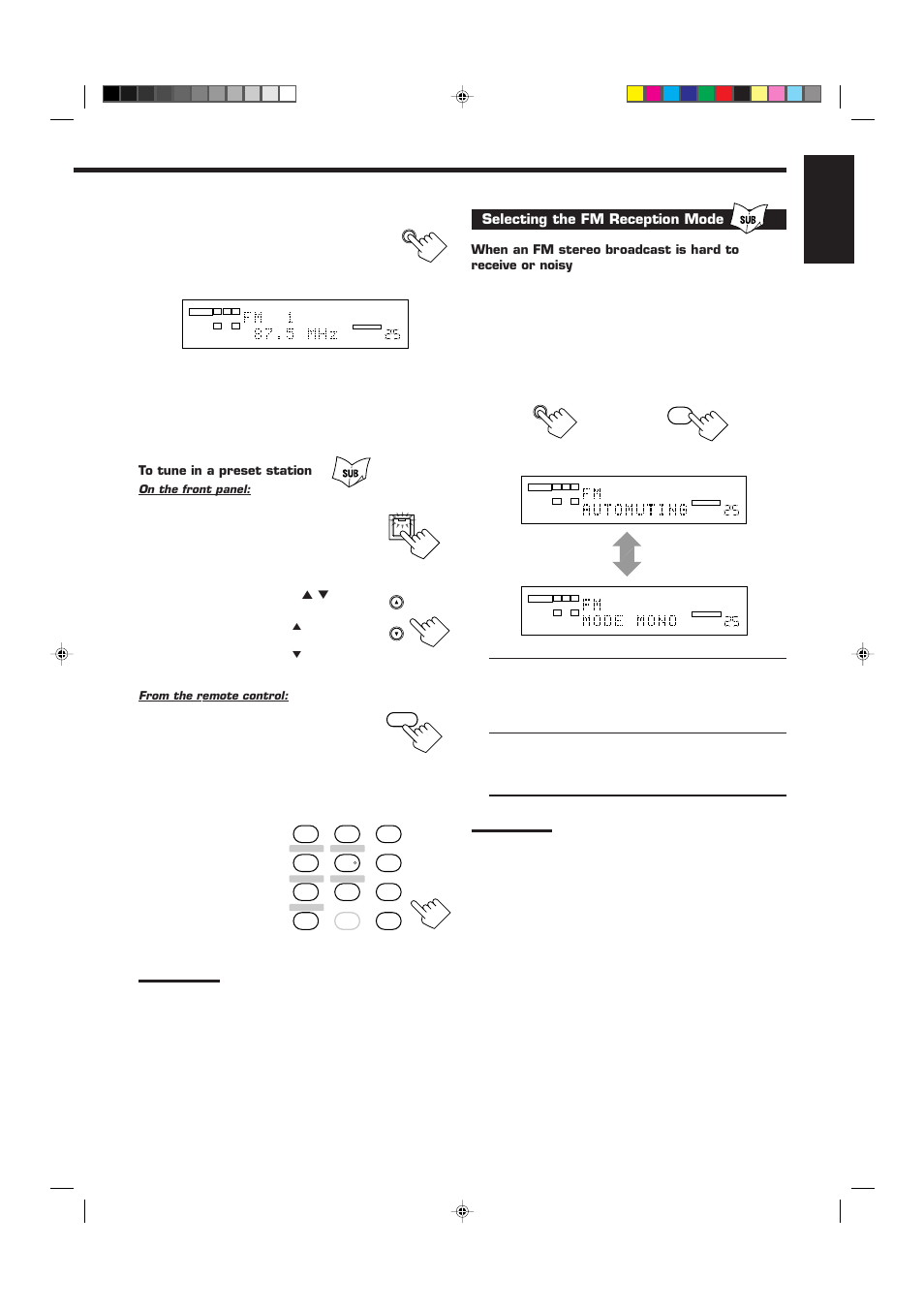 English, Press fm/am, Selecting the fm reception mode | Press fm mode | JVC RX-9010VBK User Manual | Page 39 / 78