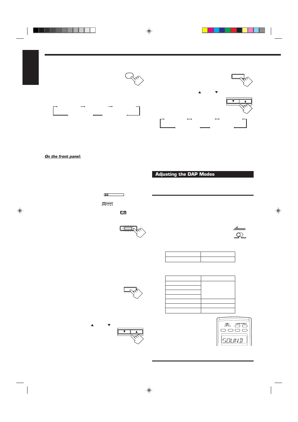 English, Adjust the center tone, Adjusting the dap modes | Select and play a sound source, Adjust the speaker output levels | JVC RX-9010VBK User Manual | Page 44 / 78