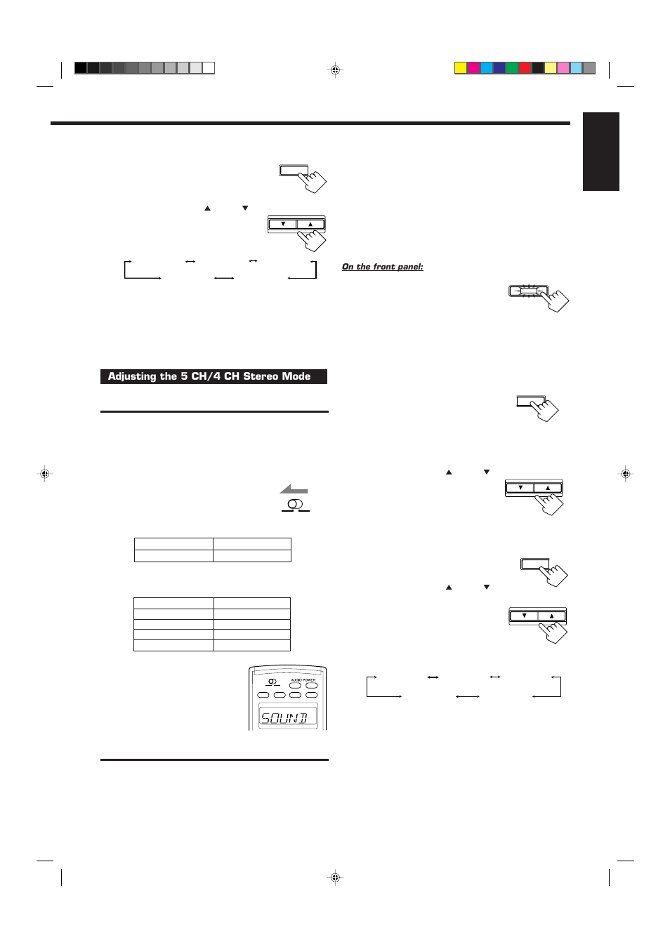 English, Adjust the liveness, Adjusting the 5 ch/4 ch stereo mode | Adjust the speaker output levels, Adjust the center tone (for 5ch stereo only.) | JVC RX-9010VBK User Manual | Page 49 / 78