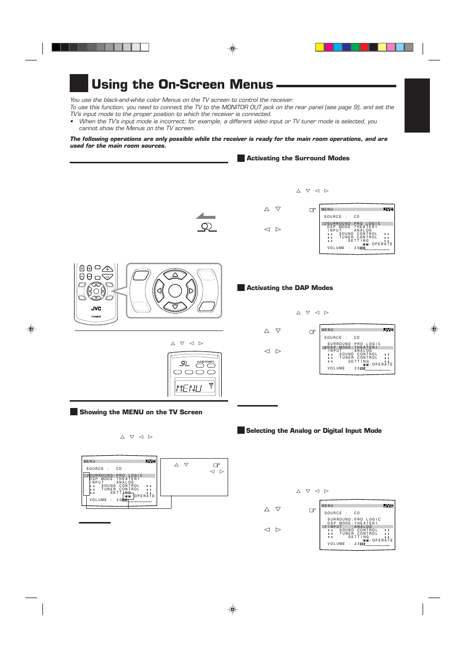 Using the on-screen menus, English, Press menu | Activating the surround modes (also see page 40), Activating the dap modes (also see page 41), Showing the menu on the tv screen | JVC RX-9010VBK User Manual | Page 53 / 78