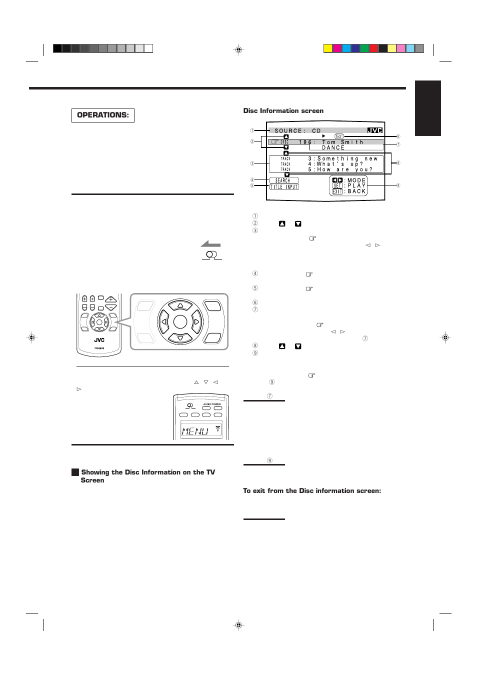 English, Operations, Disc information screen | Showing the disc information on the tv screen | JVC RX-9010VBK User Manual | Page 61 / 78