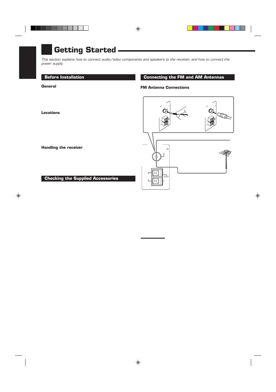 Getting started, English, Connecting the fm and am antennas | Before installation, Checking the supplied accessories | JVC RX-9010VBK User Manual | Page 8 / 78