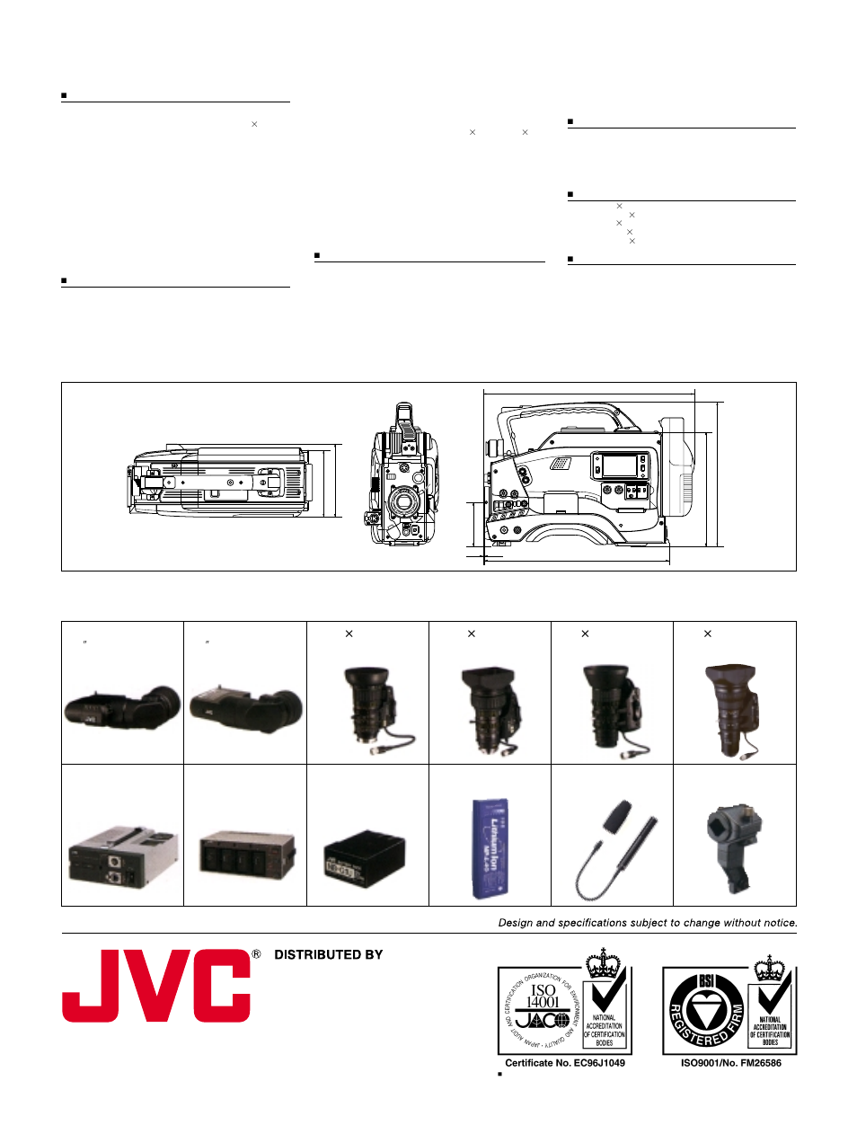 Specifications, Optional accessories, Dimensions | JVC D-9 User Manual | Page 8 / 8