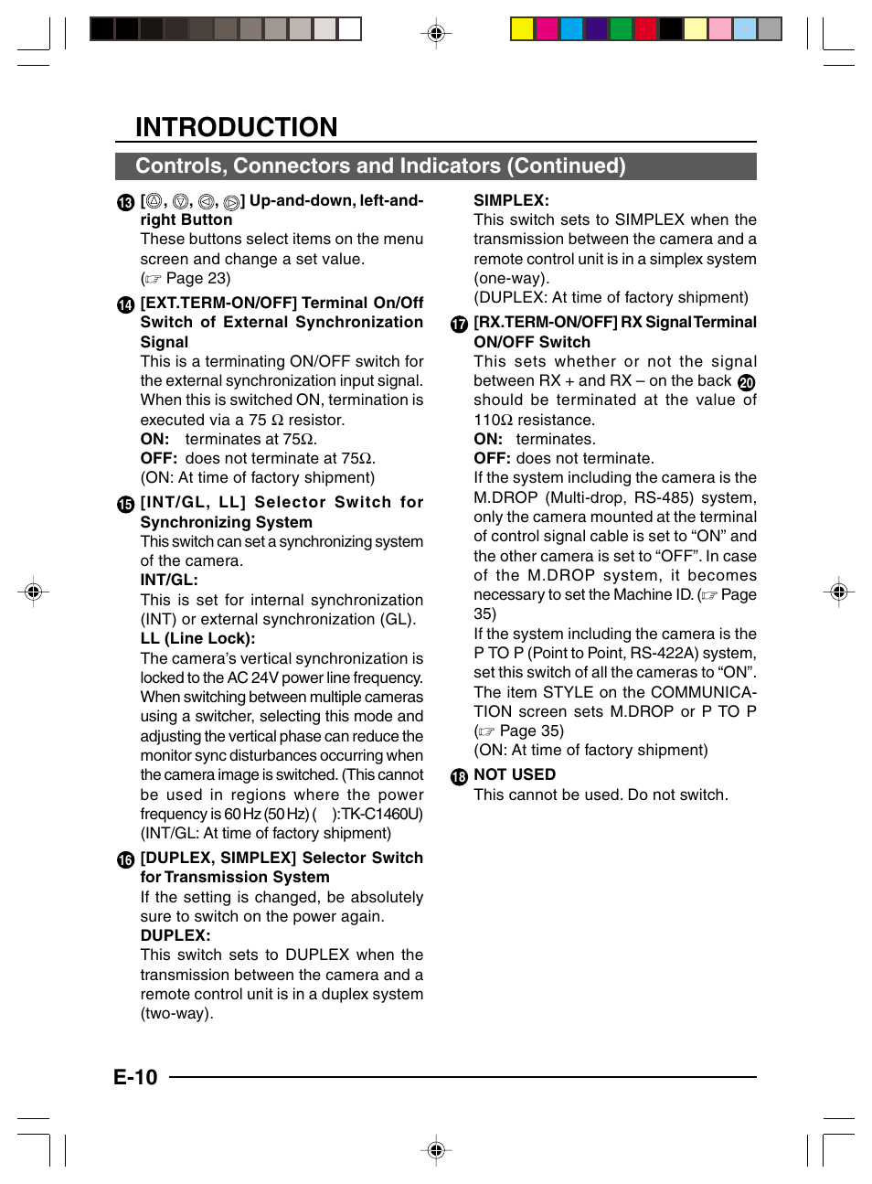 Introduction, E-10, Controls, connectors and indicators (continued) | JVC TK-C1460 User Manual | Page 10 / 84