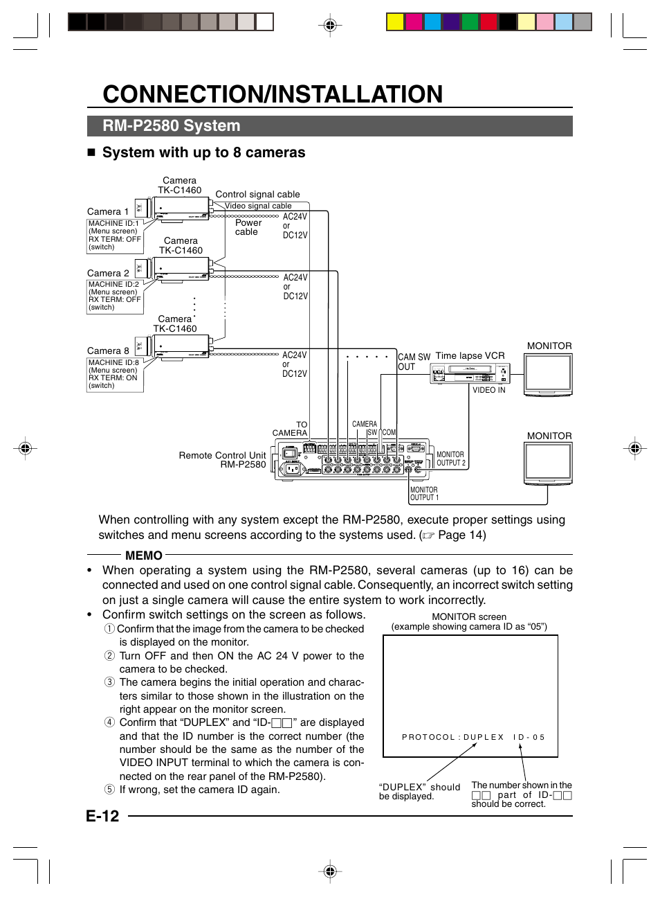 Connection/installation, Rm-p2580 system, E-12 | System with up to 8 cameras | JVC TK-C1460 User Manual | Page 12 / 84