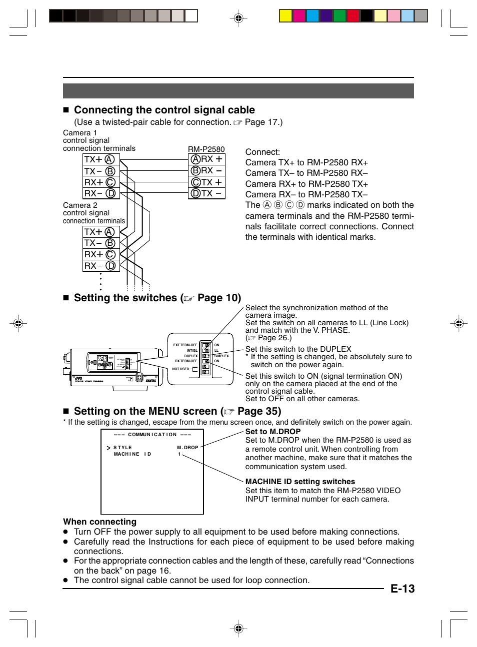 E-13, Connecting the control signal cable, Setting the switches ( ੬ page 10) | Setting on the menu screen ( ੬ page 35), A rx, B rx c tx, D tx tx | JVC TK-C1460 User Manual | Page 13 / 84