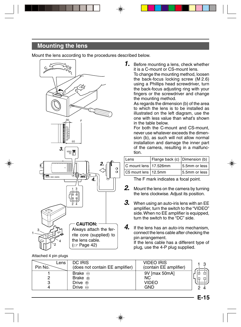 Mounting the lens, E-15 mounting the lens | JVC TK-C1460 User Manual | Page 15 / 84
