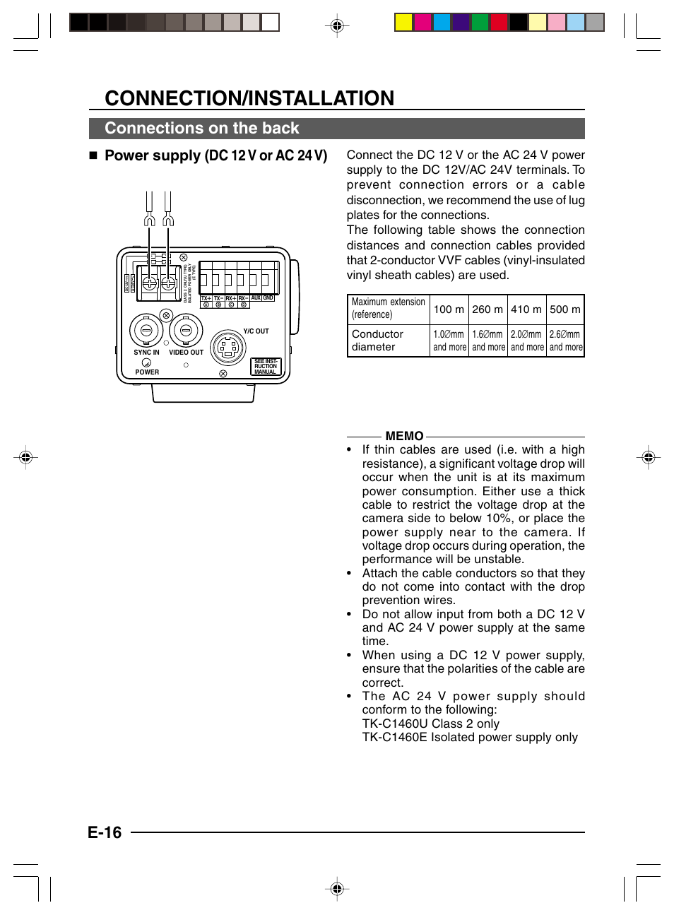 Connections on the back, Connection/installation, E-16 | Power supply (dc 12 v or ac 24 v) | JVC TK-C1460 User Manual | Page 16 / 84