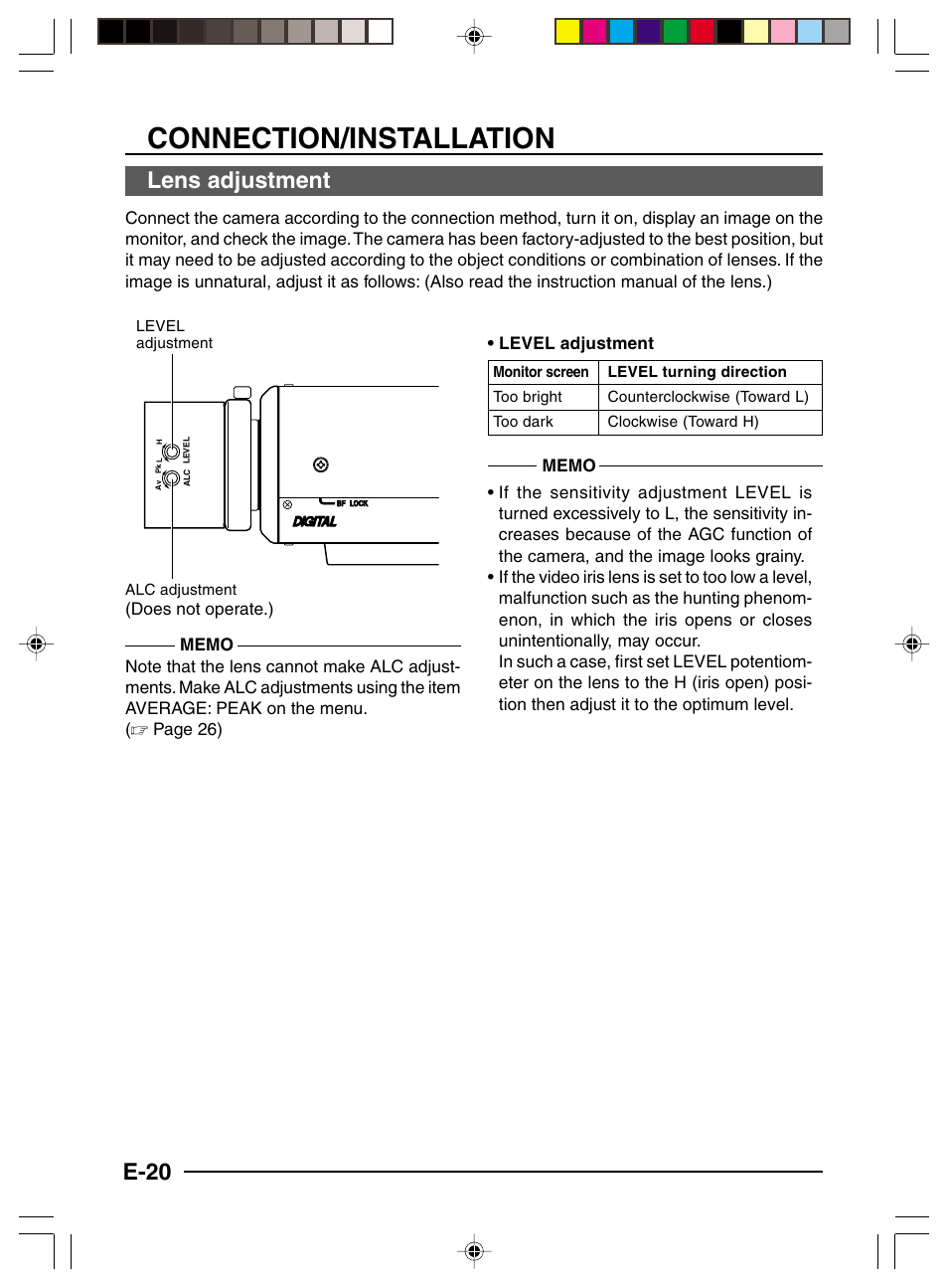 Lens adjustment, Connection/installation, E-20 | JVC TK-C1460 User Manual | Page 20 / 84