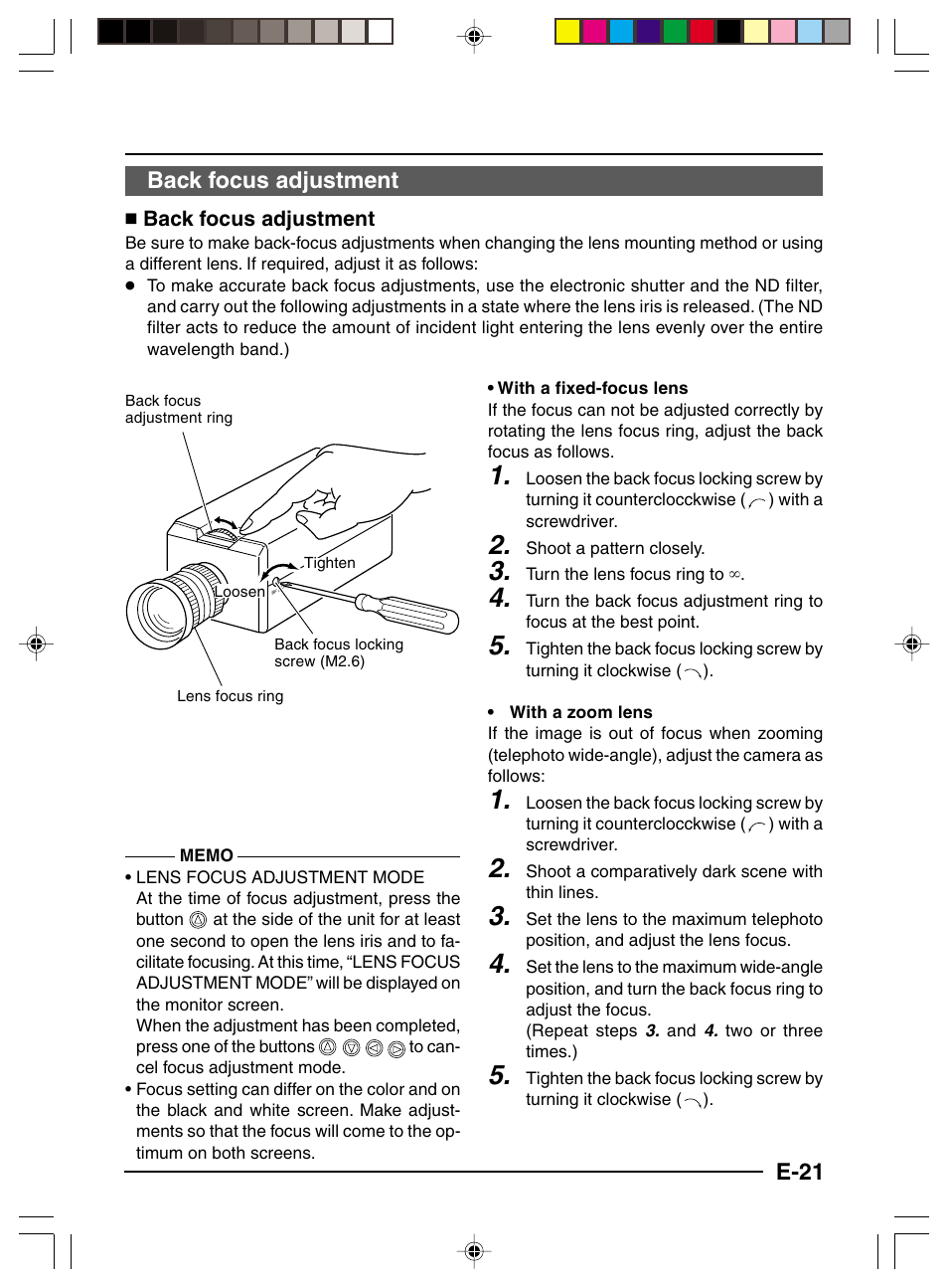 Back focus adjustment, E-21 back focus adjustment | JVC TK-C1460 User Manual | Page 21 / 84