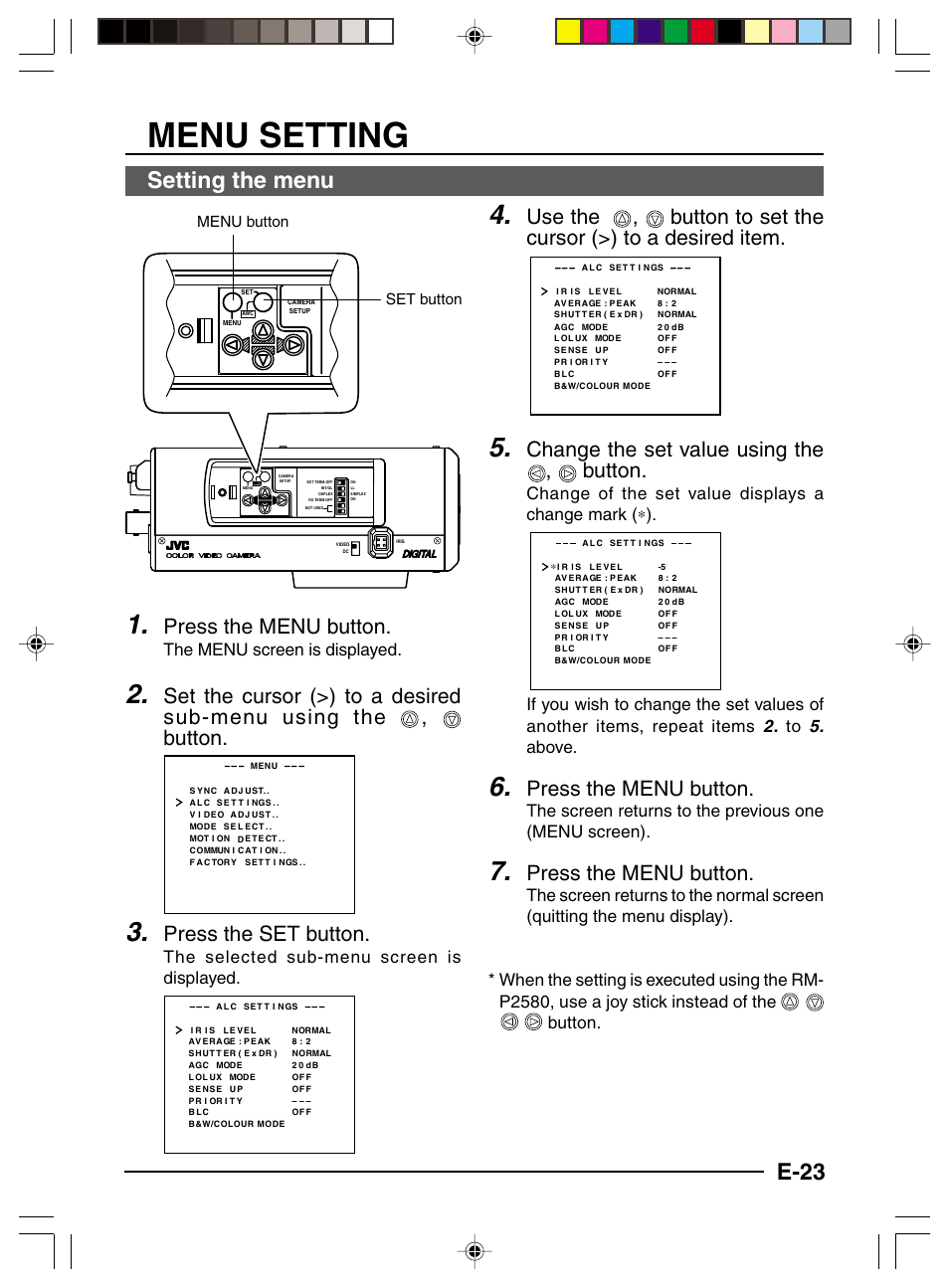 Menu setting, Setting the menu, E-23 | Press the menu button, Press the set button, Change the set value using the , button, The menu screen is displayed, The selected sub-menu screen is displayed, Menu button set button | JVC TK-C1460 User Manual | Page 23 / 84