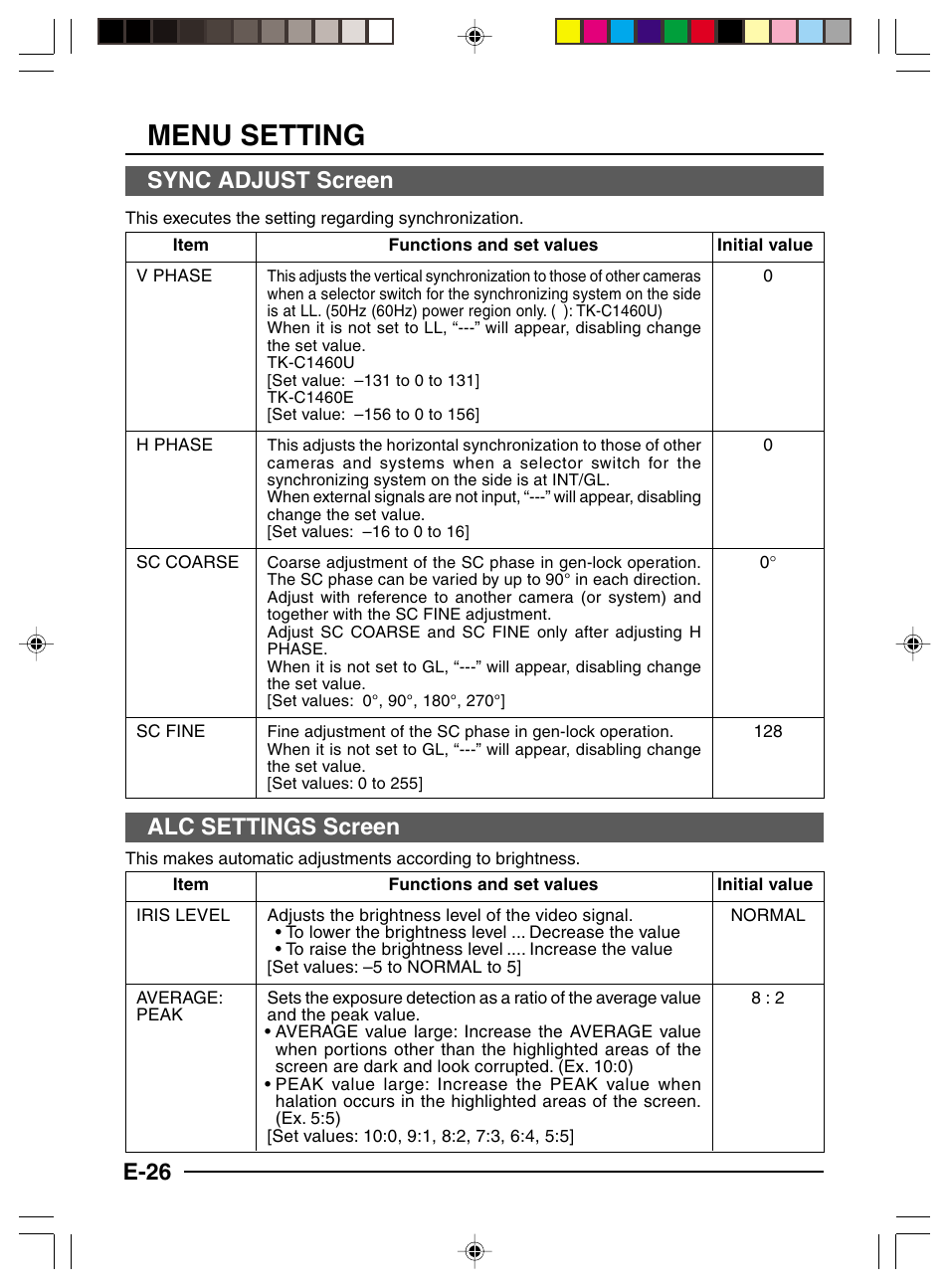 Sync adjust screen, Alc settings screen, Menu setting | E-26 | JVC TK-C1460 User Manual | Page 26 / 84