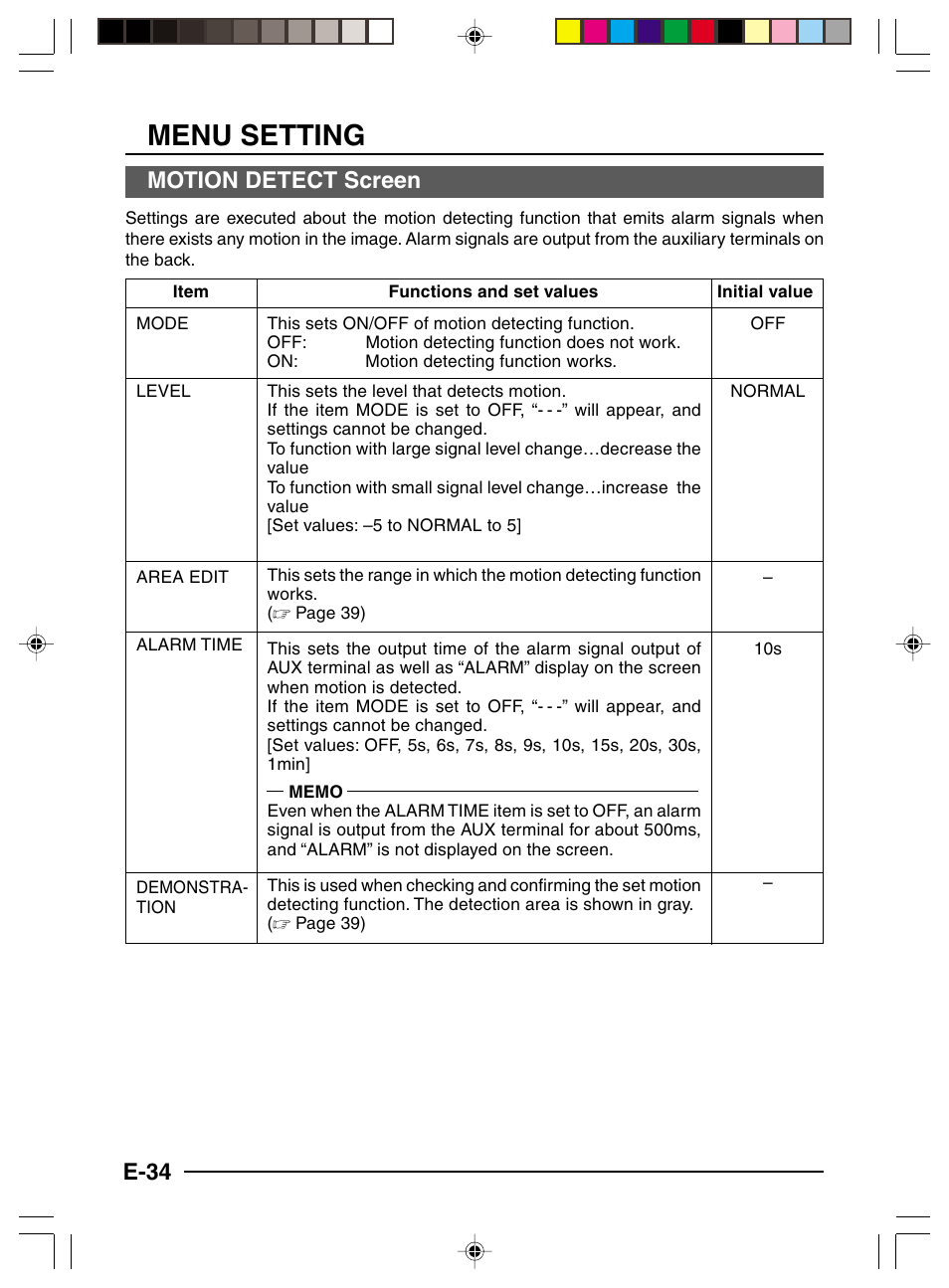 Motion detect screen, Menu setting, E-34 | JVC TK-C1460 User Manual | Page 34 / 84