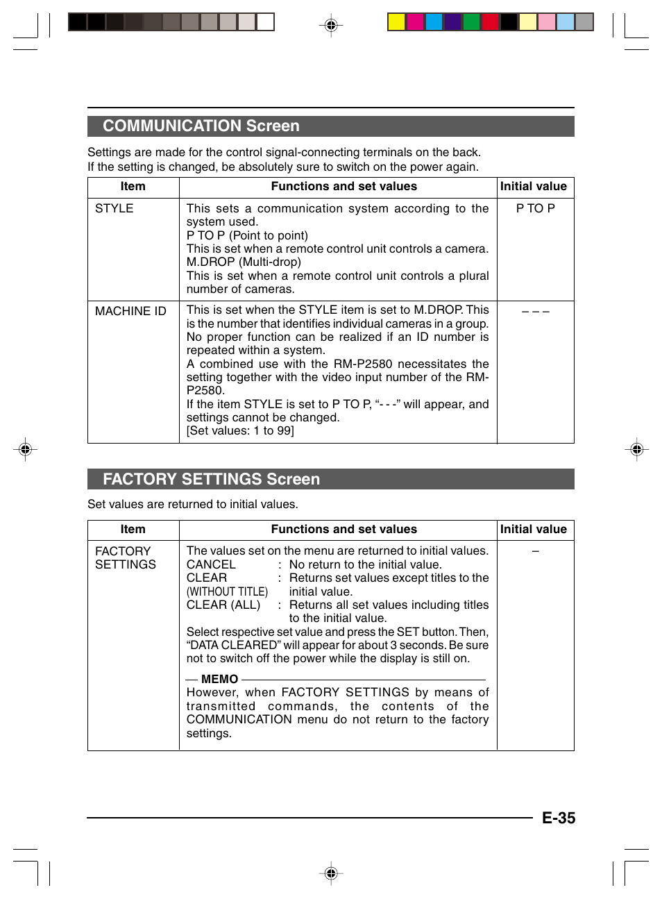 Communication screen, Factory settings screen, E-35 | JVC TK-C1460 User Manual | Page 35 / 84
