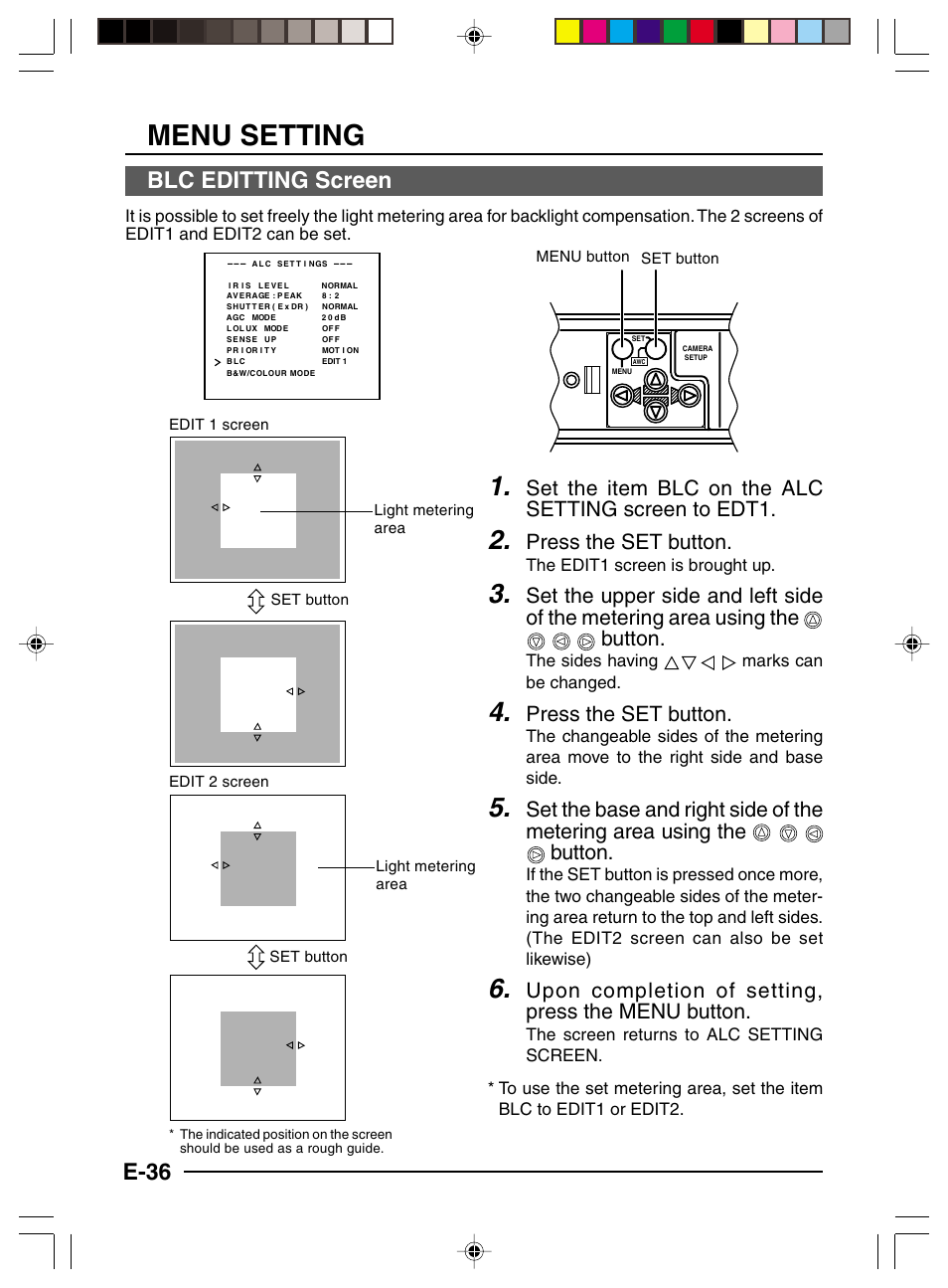 Blc editting screen, Menu setting, E-36 blc editting screen | Set the item blc on the alc setting screen to edt1, Press the set button, Upon completion of setting, press the menu button, The edit1 screen is brought up, The sides having marks can be changed | JVC TK-C1460 User Manual | Page 36 / 84