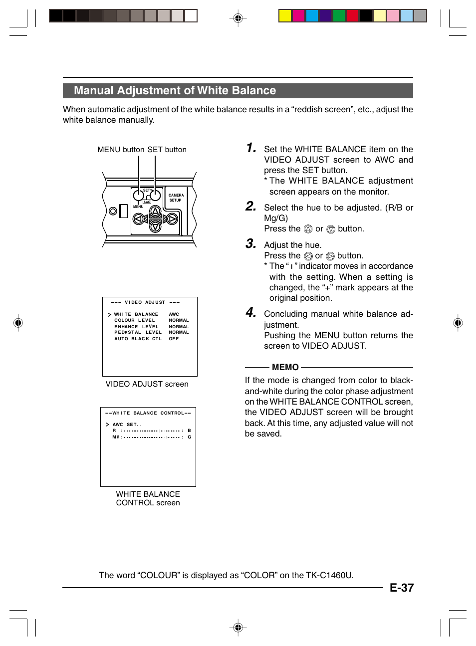 Manual adjustment of white balance, E-37 manual adjustment of white balance, Button | JVC TK-C1460 User Manual | Page 37 / 84