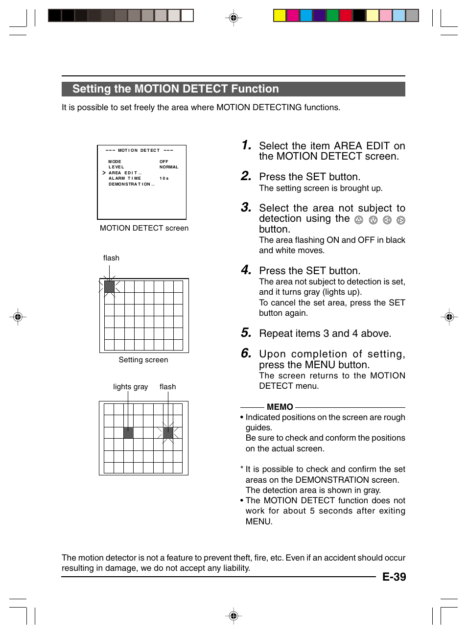 Setting the motion detect function, E-39 setting the motion detect function, Press the set button | Repeat items 3 and 4 above, Upon completion of setting, press the menu button | JVC TK-C1460 User Manual | Page 39 / 84