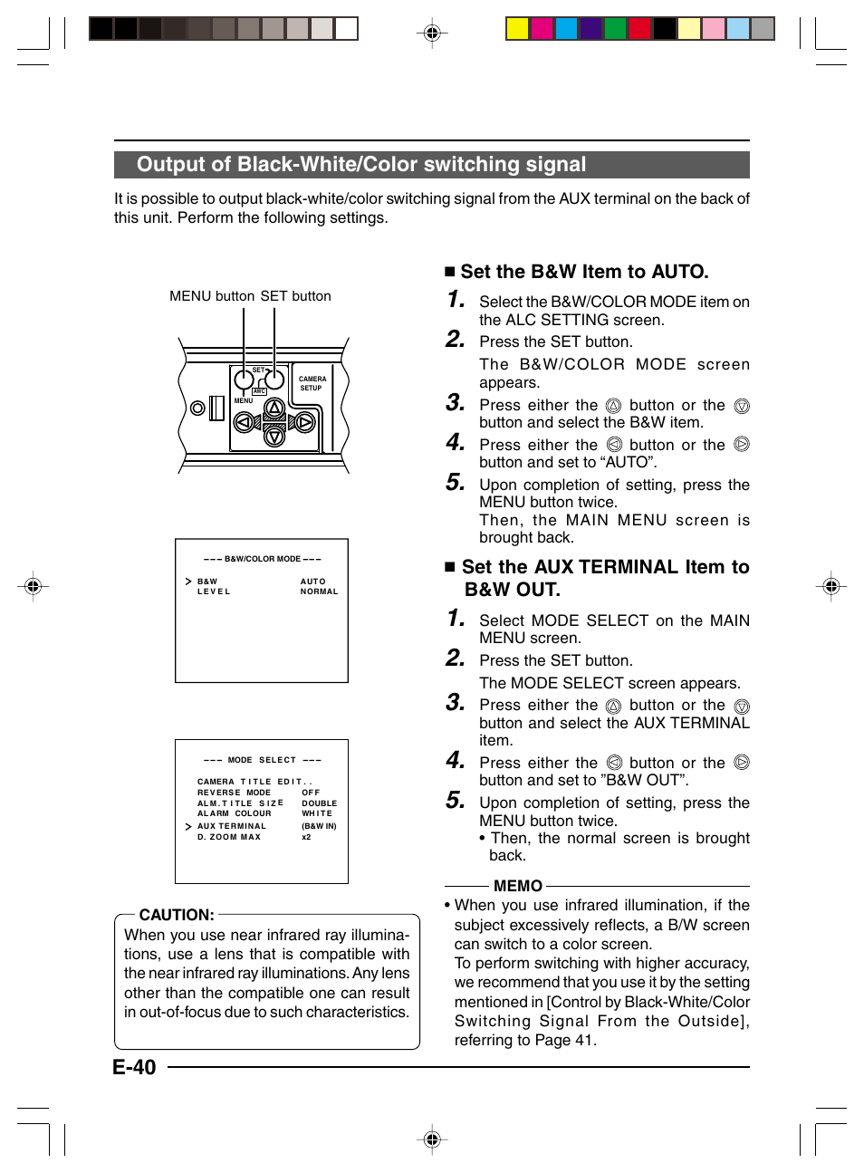 Output of black-white/color switching signal, E-40, Set the b&w item to auto | Set the aux terminal item to b&w out | JVC TK-C1460 User Manual | Page 40 / 84
