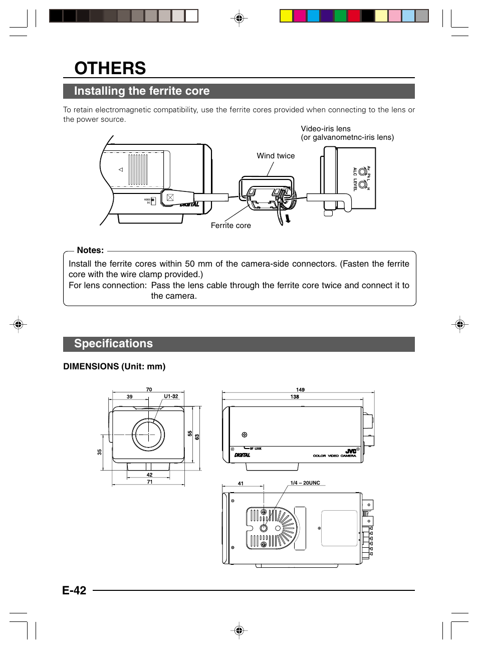 Others, Installing the ferrite core, Specifications | E-42, Dimensions (unit: mm) | JVC TK-C1460 User Manual | Page 42 / 84