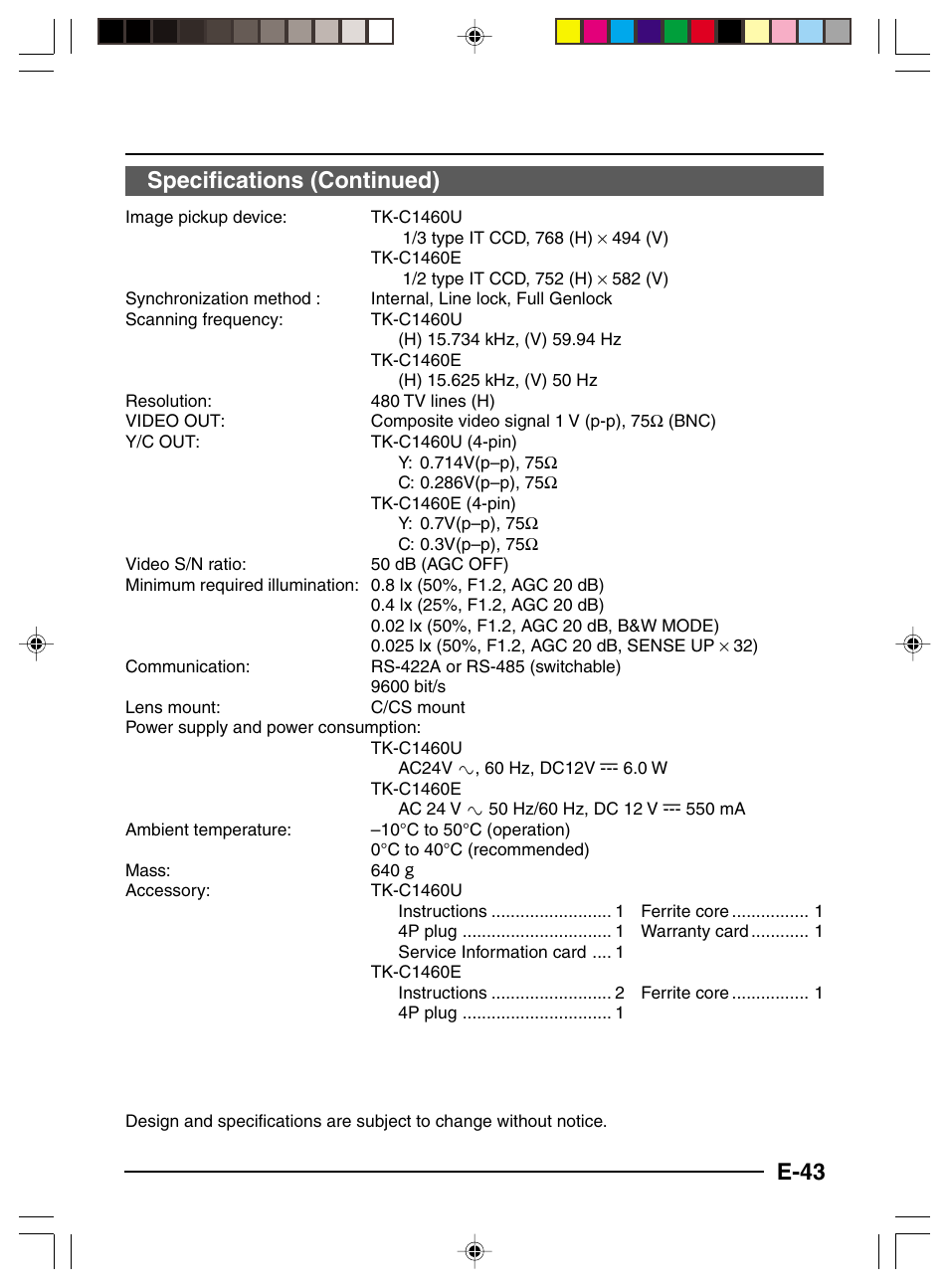 E-43, Specifications (continued) | JVC TK-C1460 User Manual | Page 43 / 84