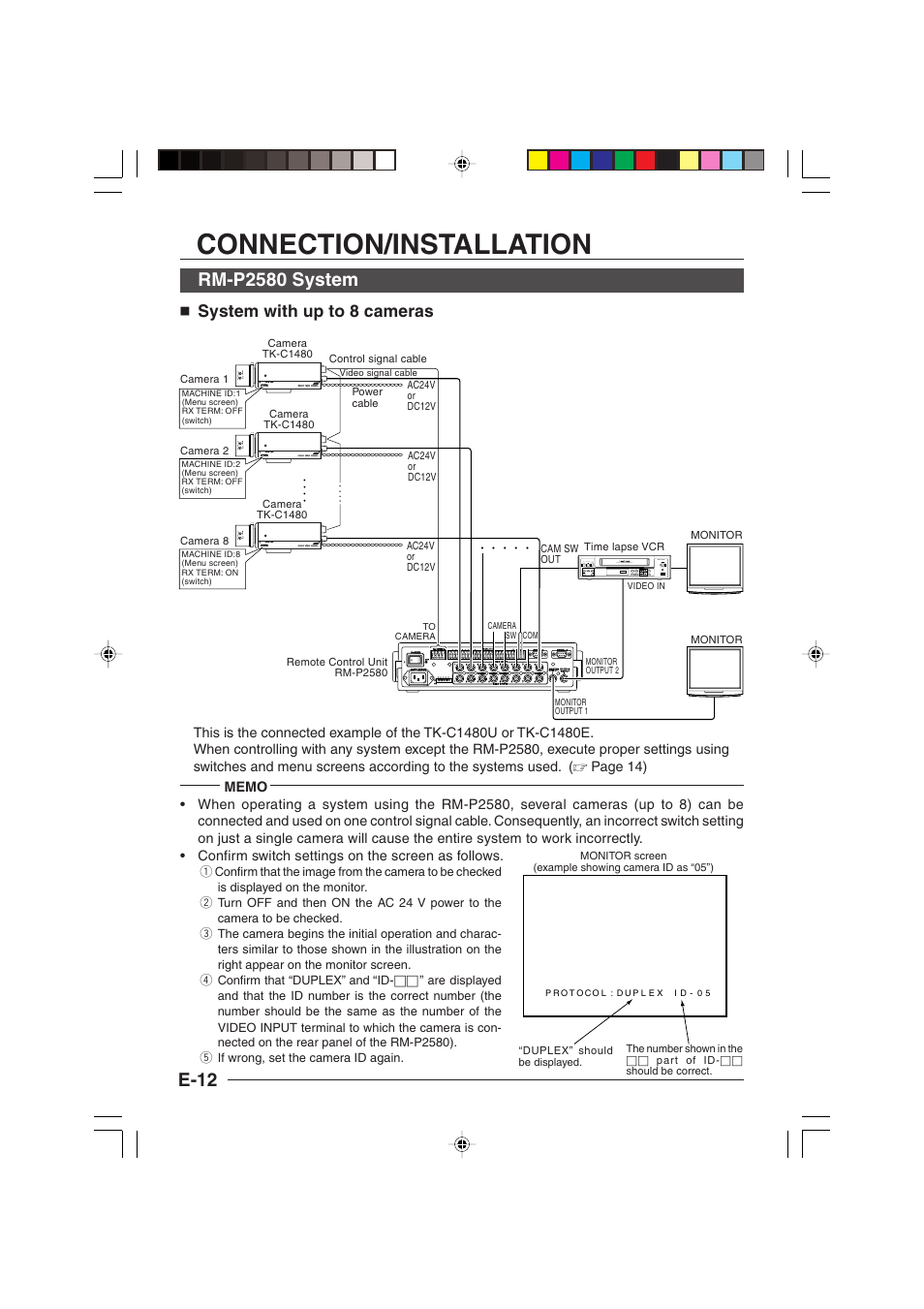 Connection/installation, Rm-p2580 system, E-12 | System with up to 8 cameras | JVC TK-C1460 User Manual | Page 56 / 84