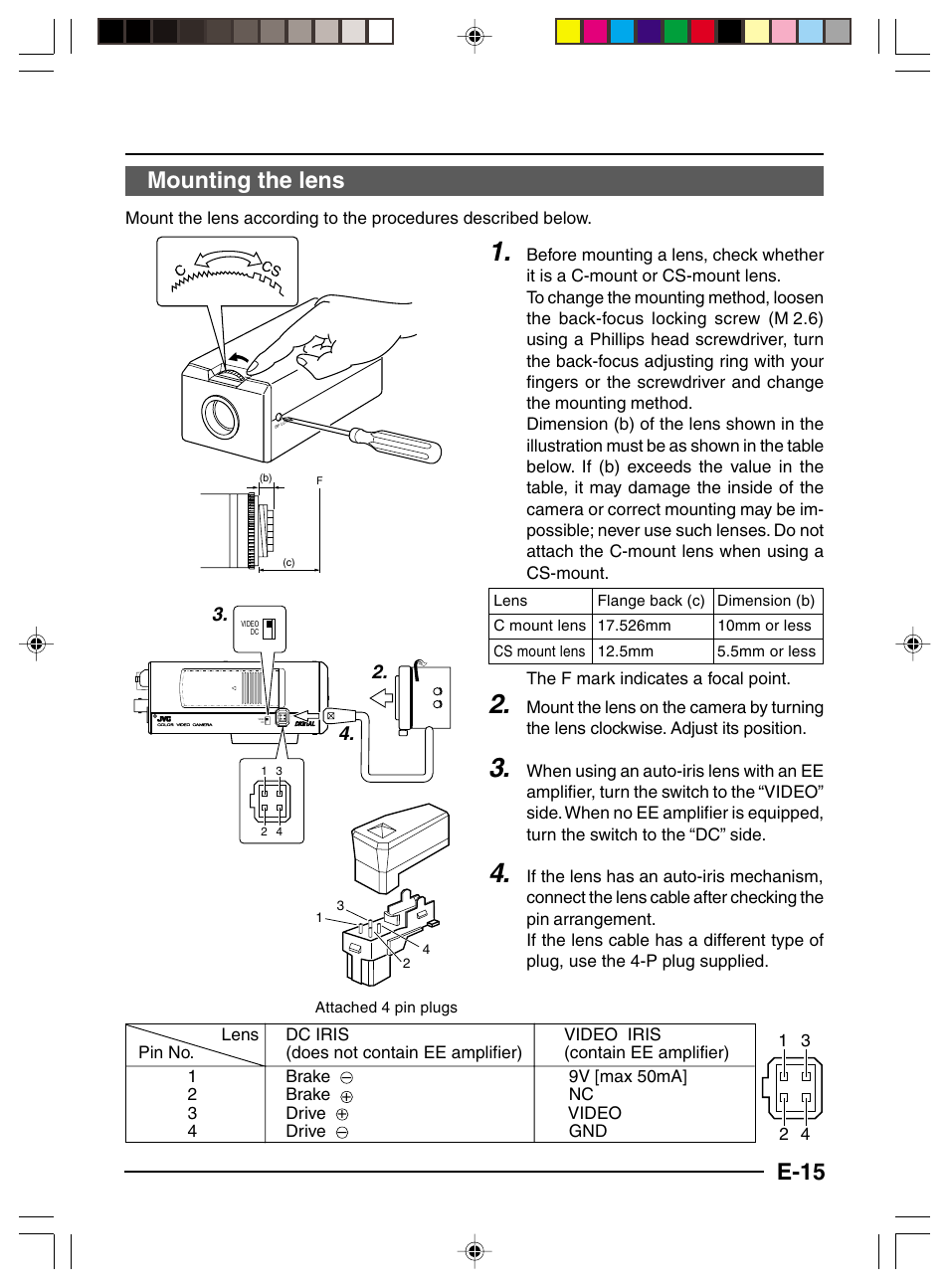 Mounting the lens, E-15 mounting the lens | JVC TK-C1460 User Manual | Page 59 / 84