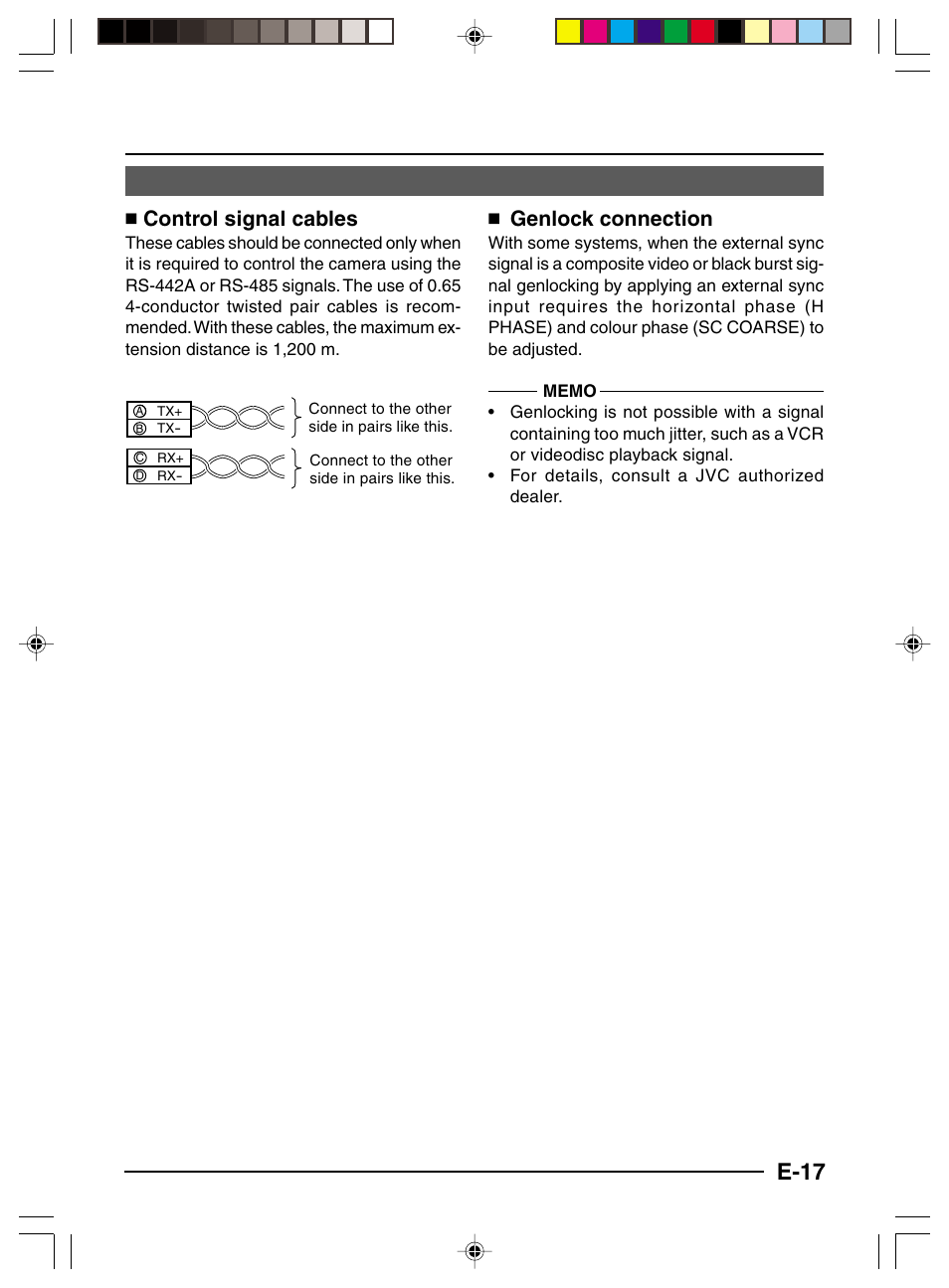E-17, Control signal cables, Genlock connection | JVC TK-C1460 User Manual | Page 61 / 84
