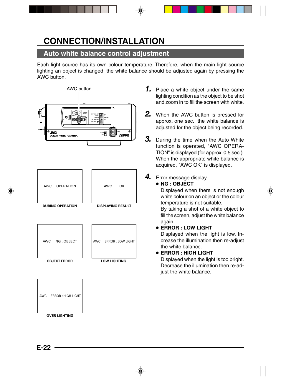 Auto white balance control adjustment, Connection/installation, E-22 | JVC TK-C1460 User Manual | Page 66 / 84