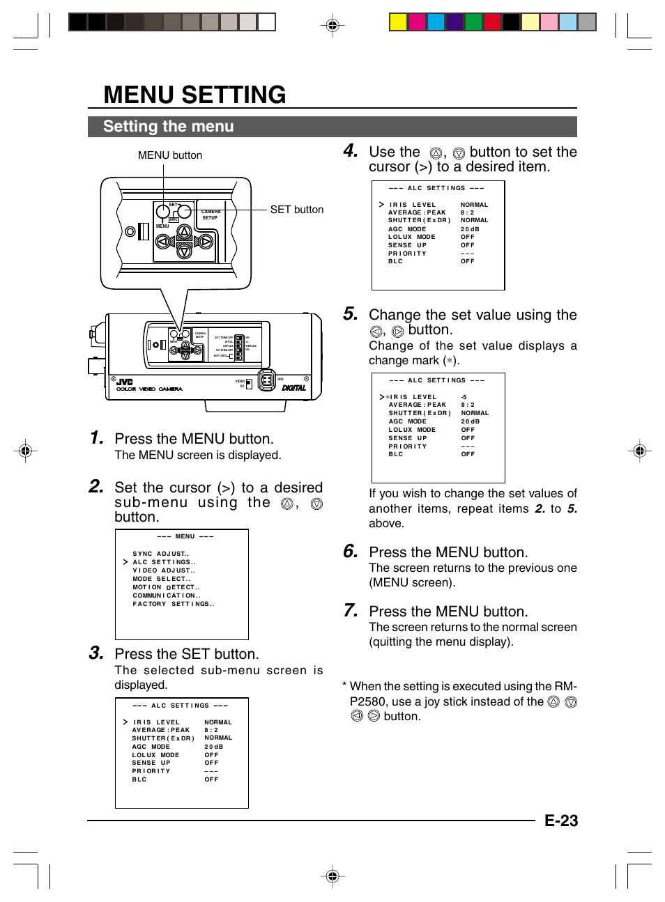 Menu setting, Setting the menu, E-23 | Press the menu button, Press the set button, Change the set value using the , button, The menu screen is displayed, The selected sub-menu screen is displayed, Menu button set button | JVC TK-C1460 User Manual | Page 67 / 84