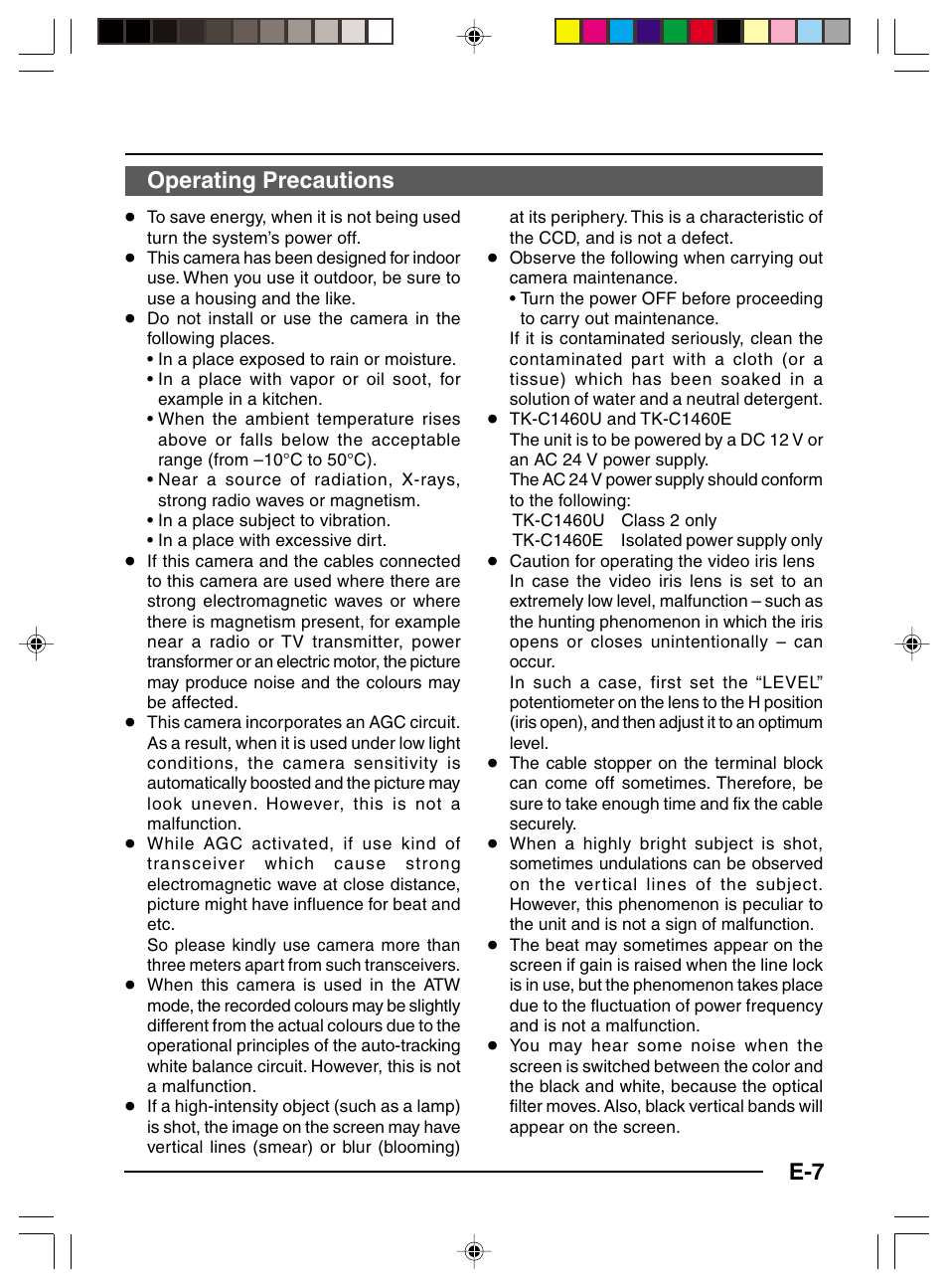 Operating precautions | JVC TK-C1460 User Manual | Page 7 / 84