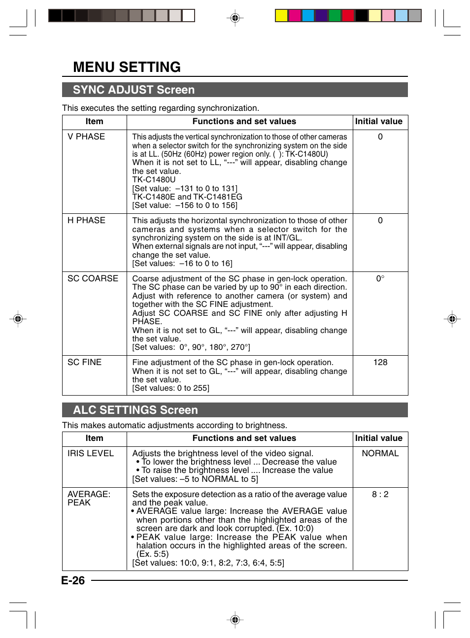 Sync adjust screen, Alc settings screen, Menu setting | E-26 | JVC TK-C1460 User Manual | Page 70 / 84