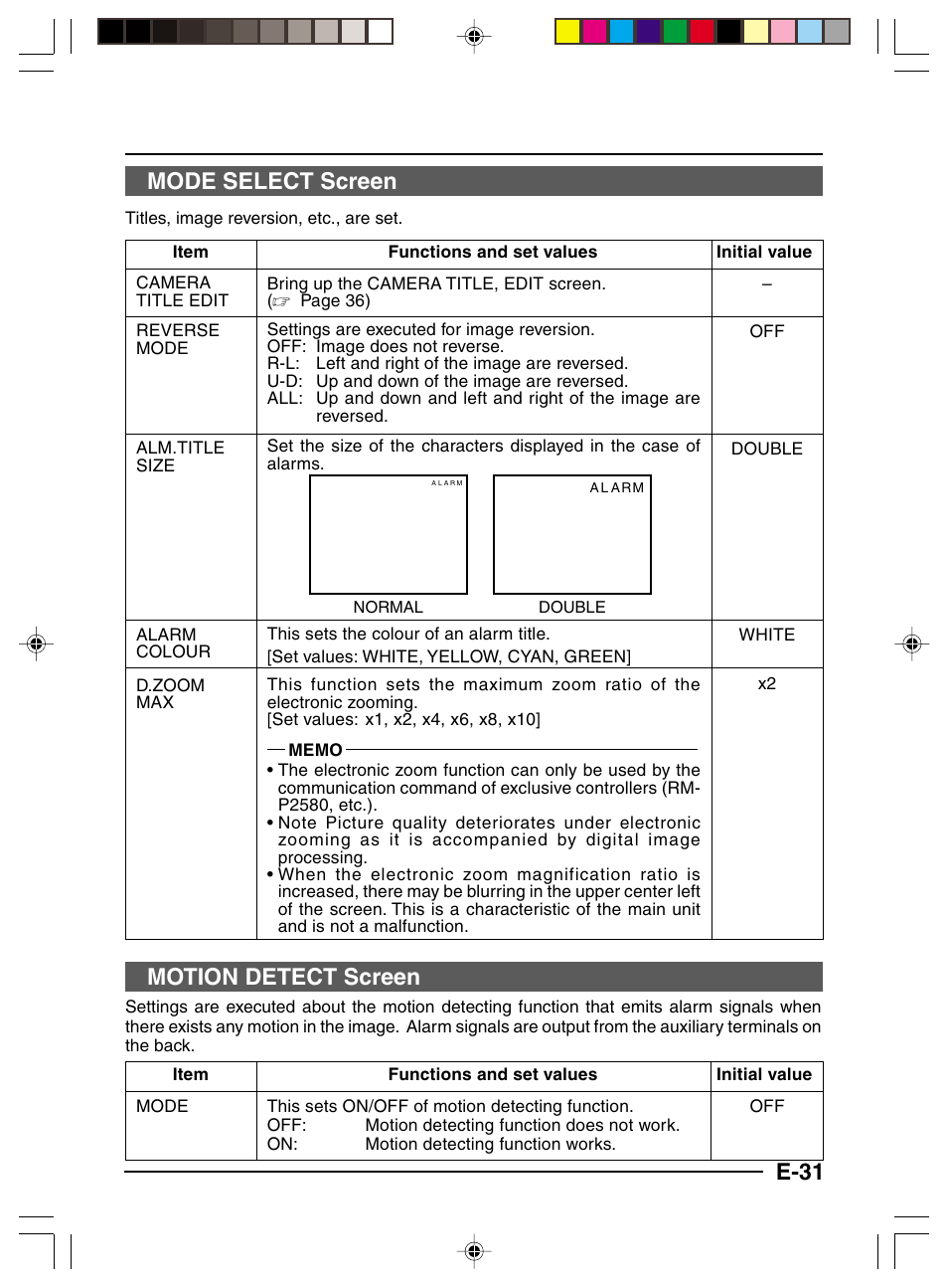 Mode select screen, Motion detect screen, E-31 mode select screen | JVC TK-C1460 User Manual | Page 75 / 84