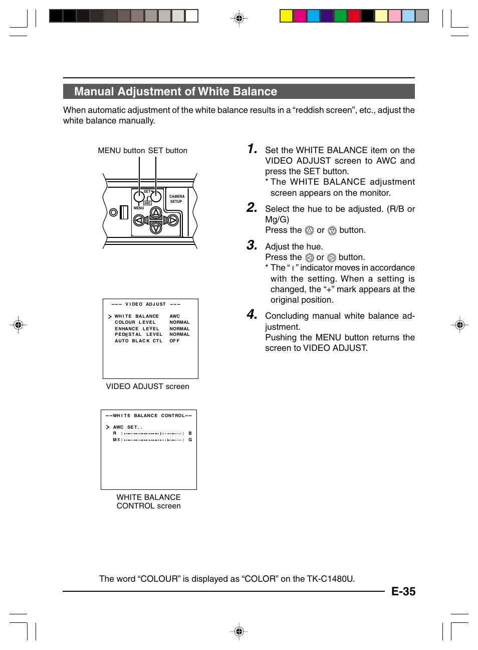 Manual adjustment of white balance, E-35 manual adjustment of white balance, Button | JVC TK-C1460 User Manual | Page 79 / 84