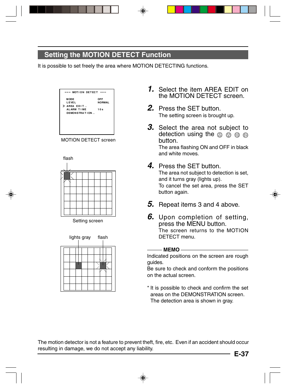 Setting the motion detect function, E-37 setting the motion detect function, Press the set button | Repeat items 3 and 4 above, Upon completion of setting, press the menu button | JVC TK-C1460 User Manual | Page 81 / 84